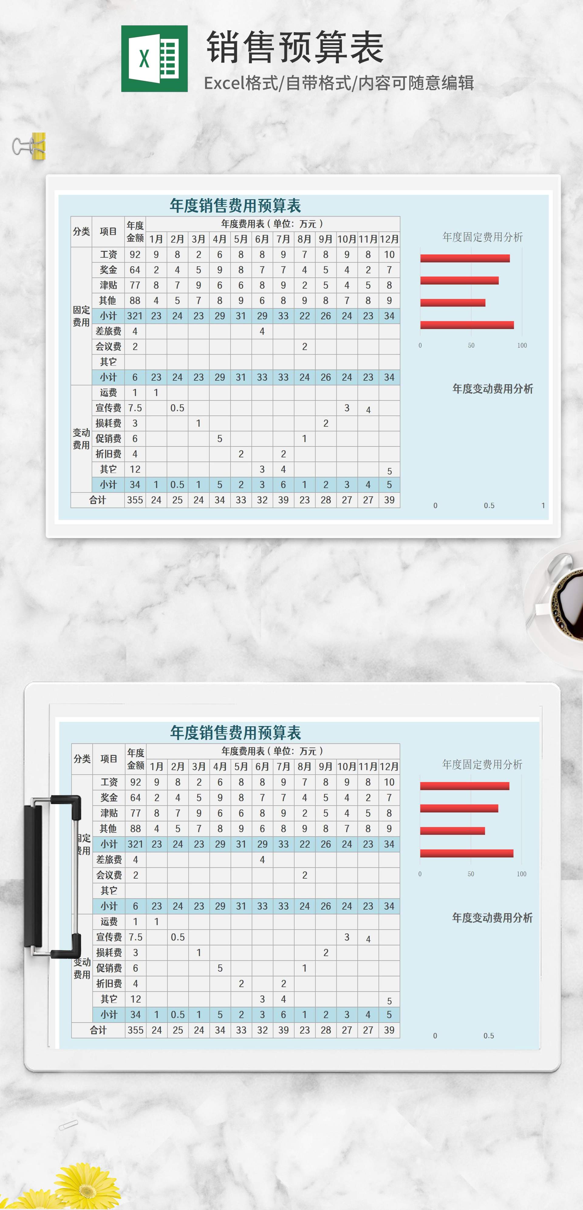 蓝色年度销售费用预算表Excel模板