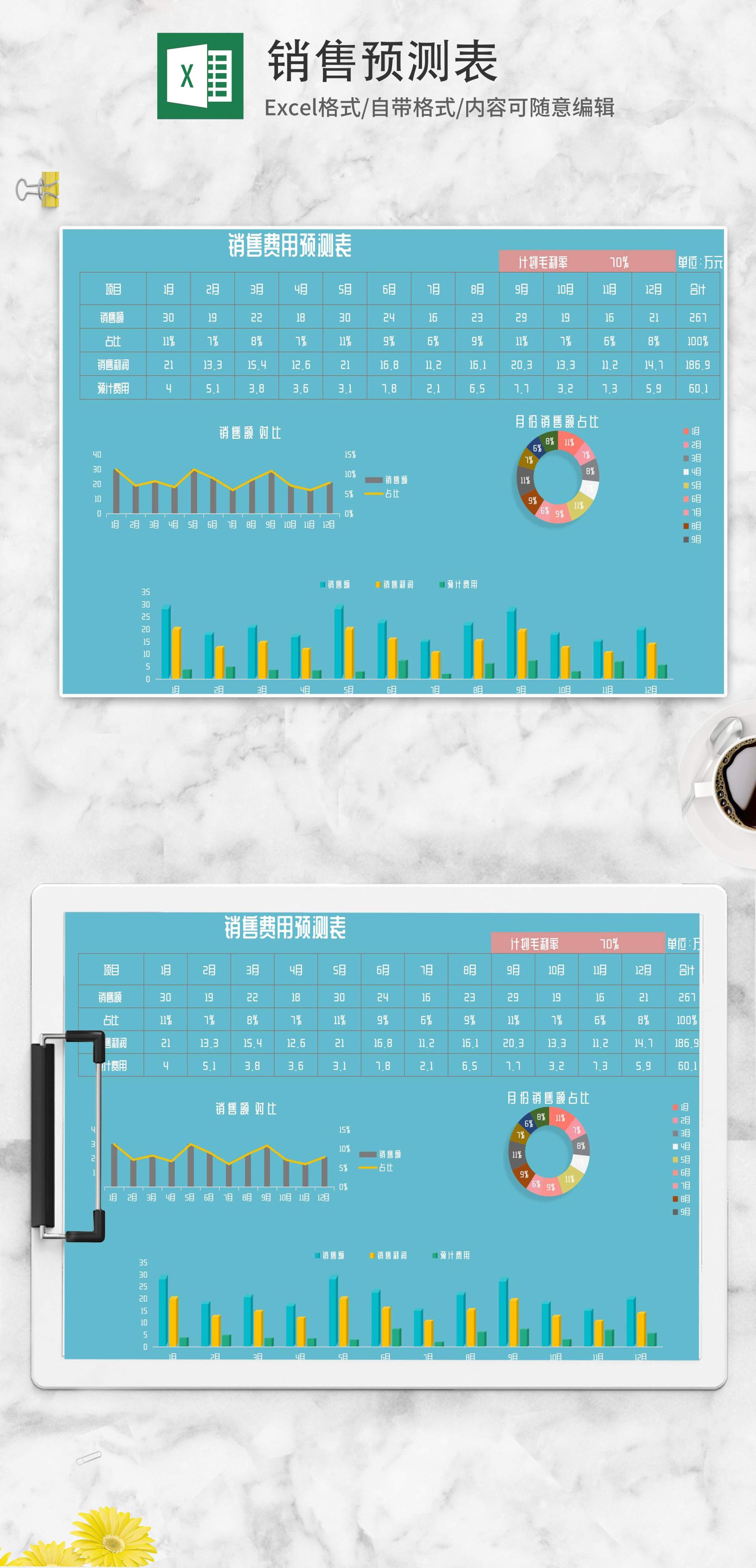 蓝色年度月度销售费用预测表Excel模板