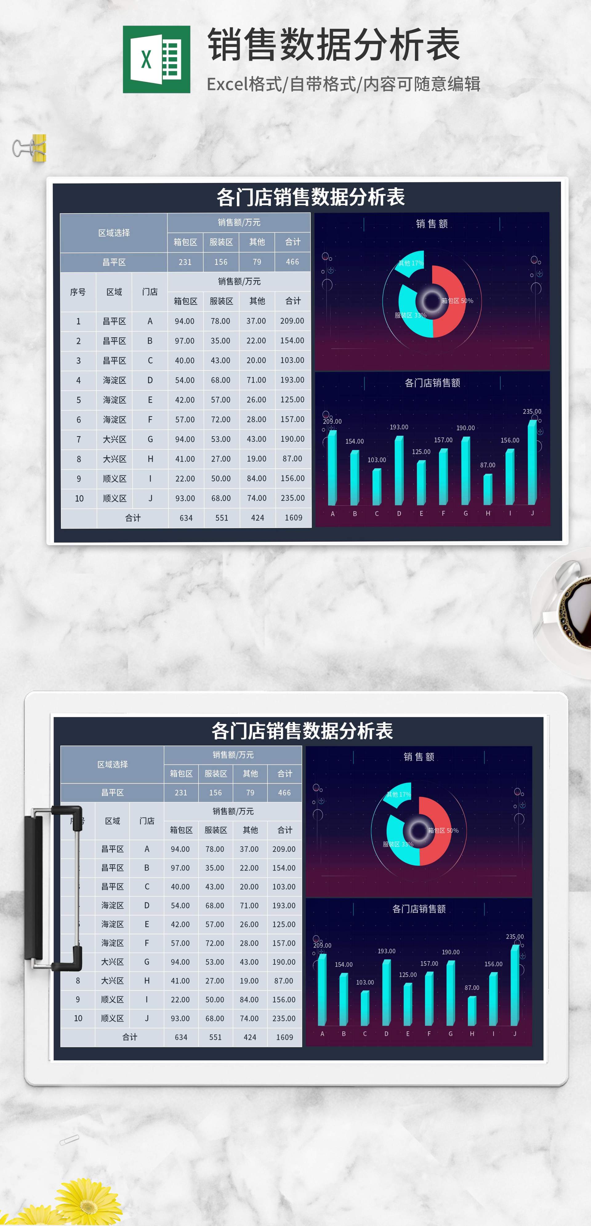 渐变各门店销售数据分析表Excel模板