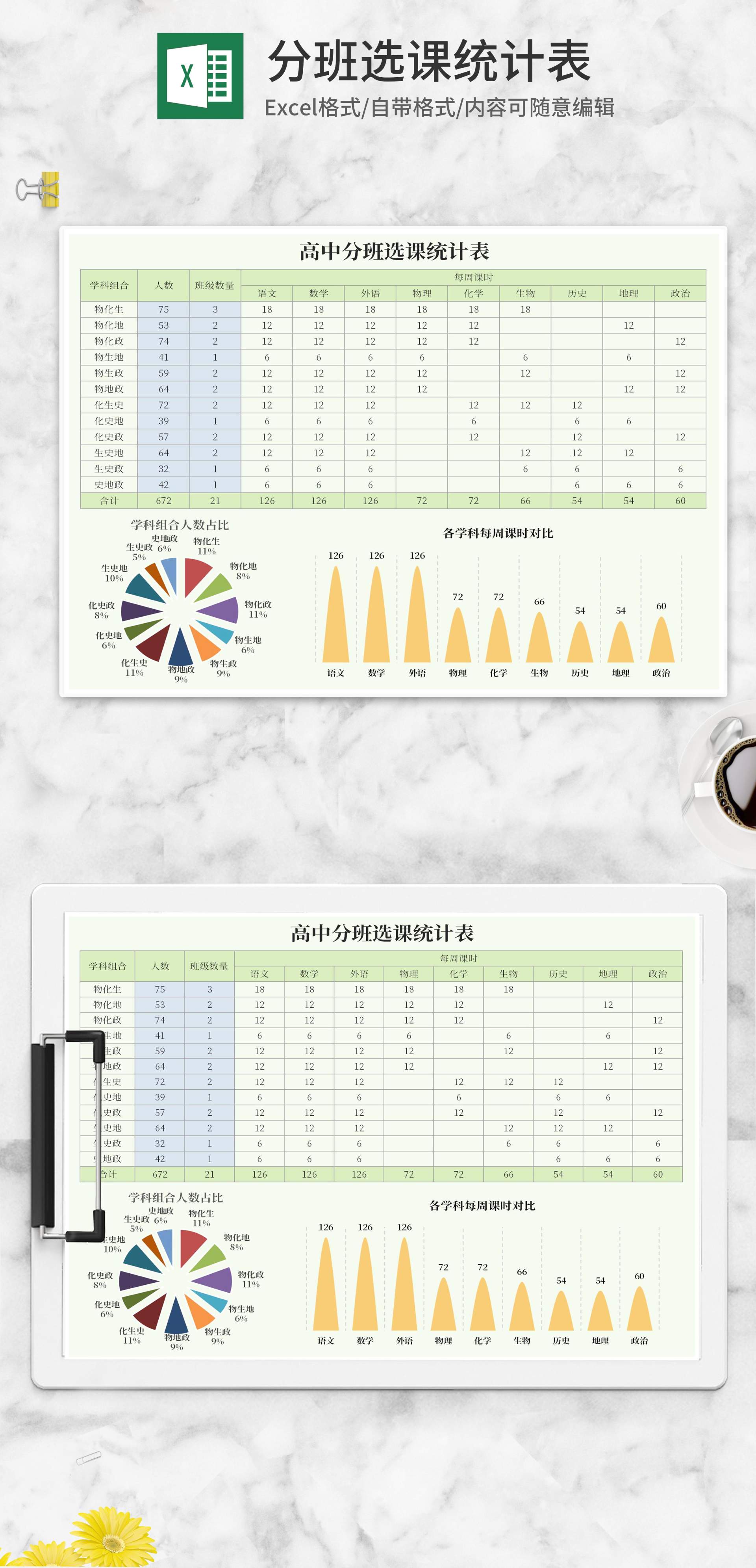 高中分班选课统计表Excel模板