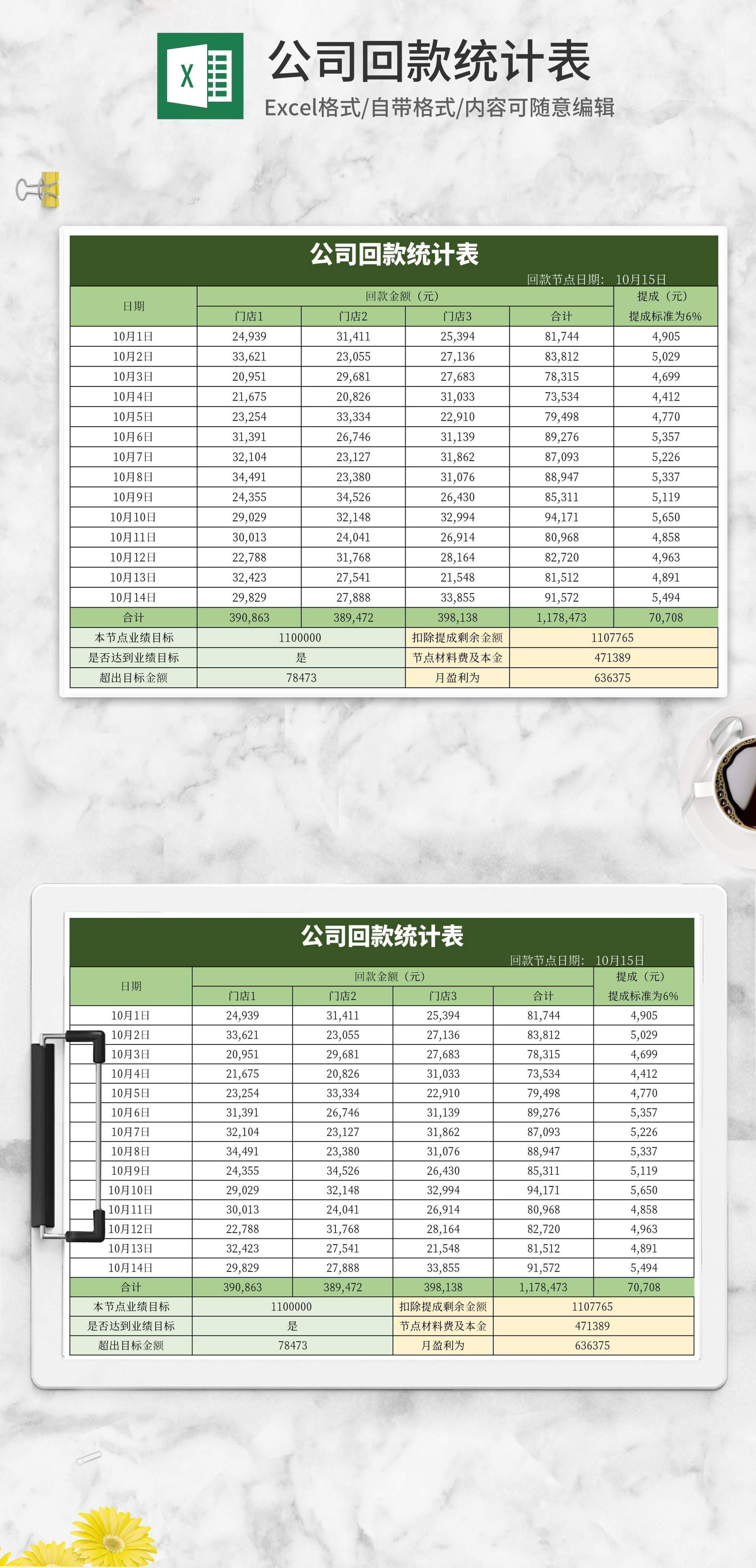 绿色公司回款统计表Excel模板