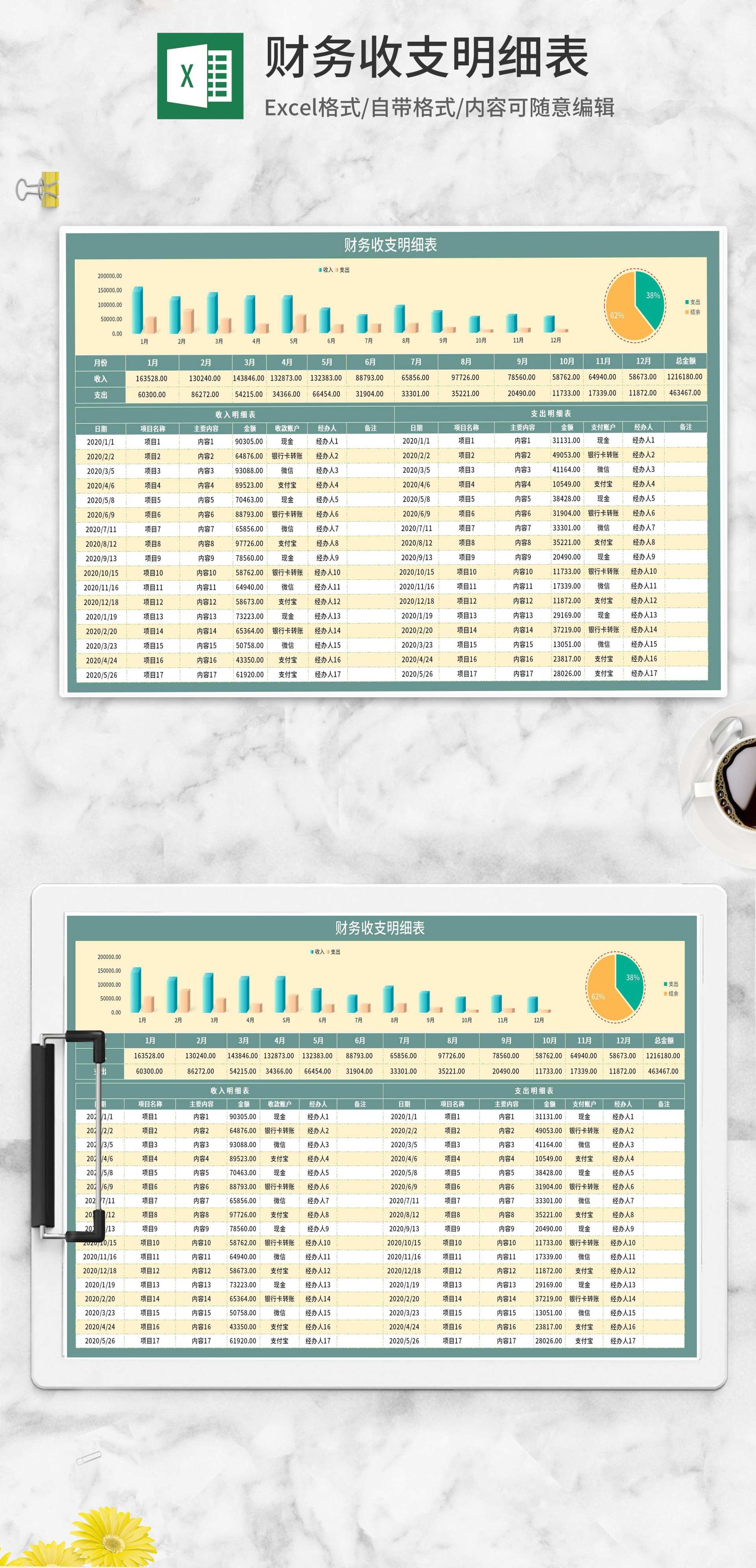 项目月度财务收支明细表Excel模板