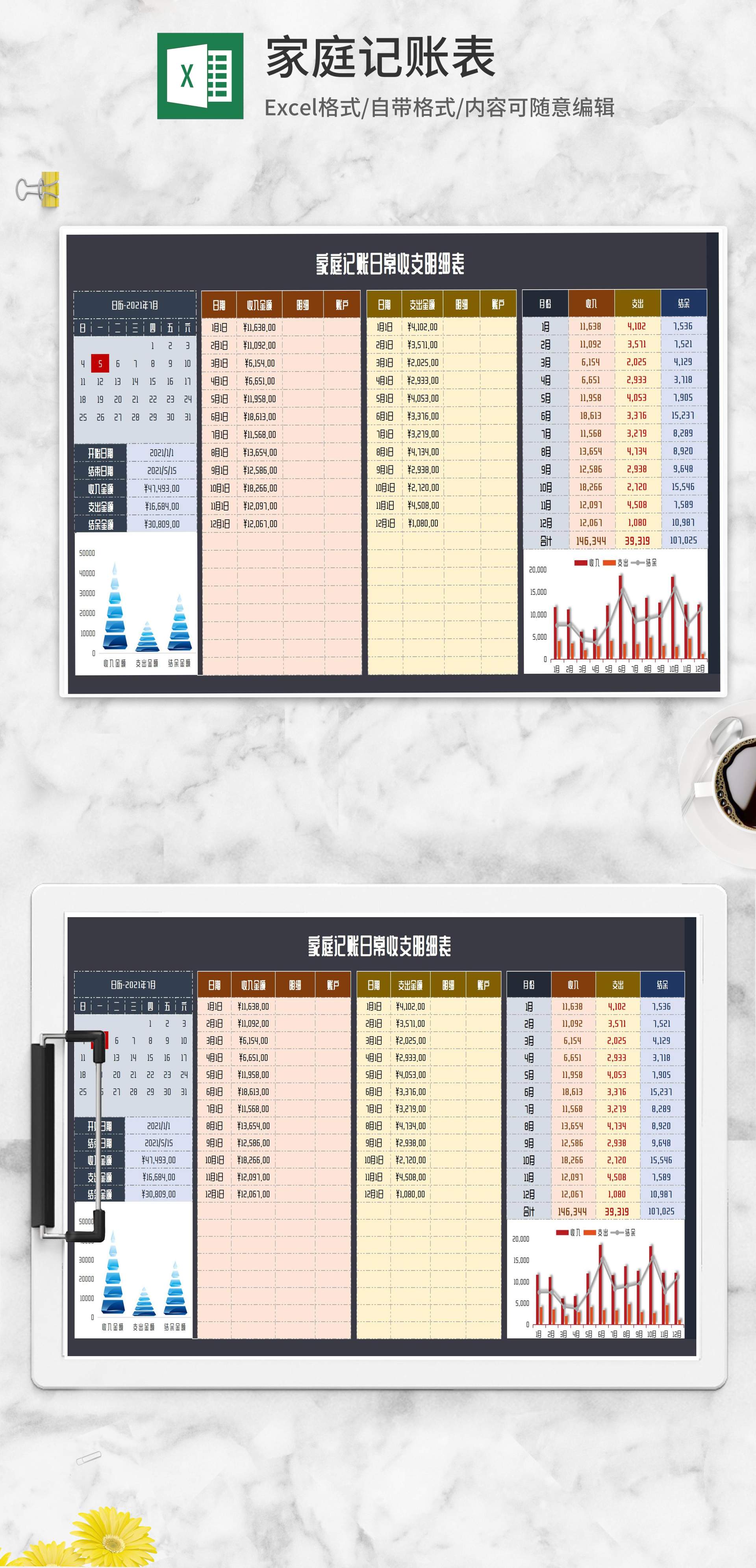 年度家庭记账日常收支明细表Excel模板