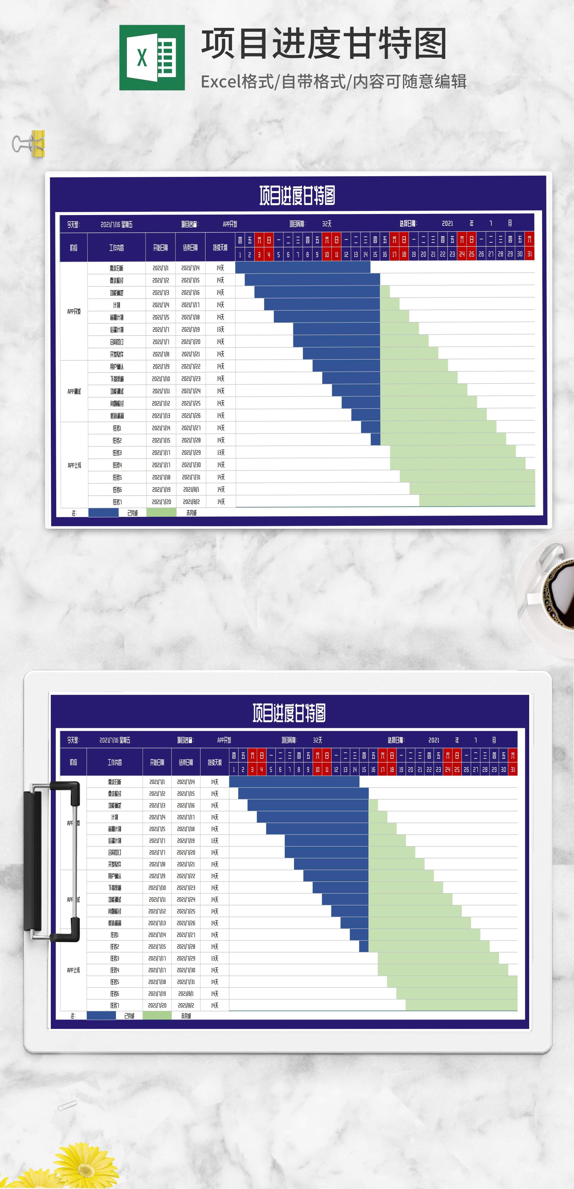 APP项目进度甘特图Excel模板