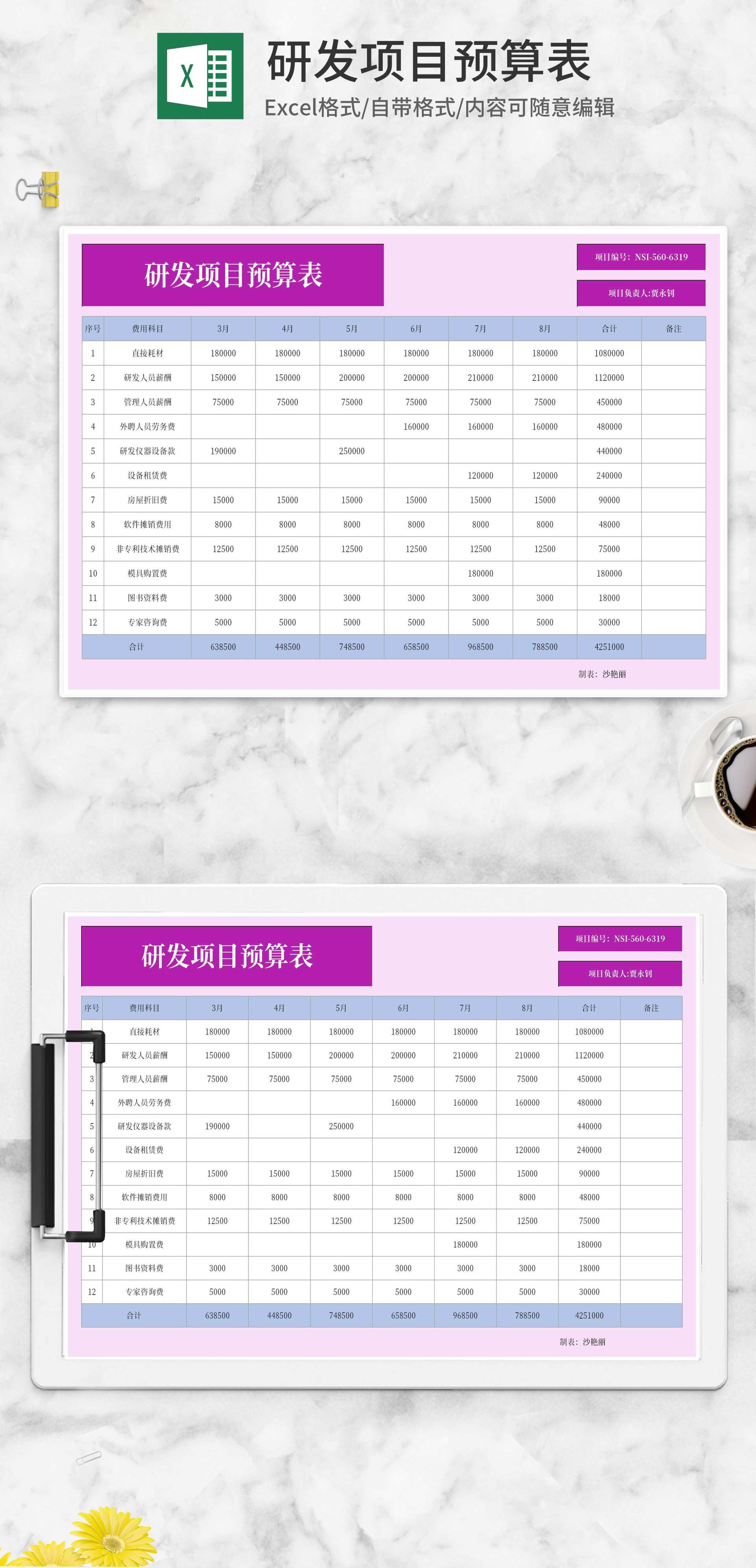 研发项目预算明细表Excel模板
