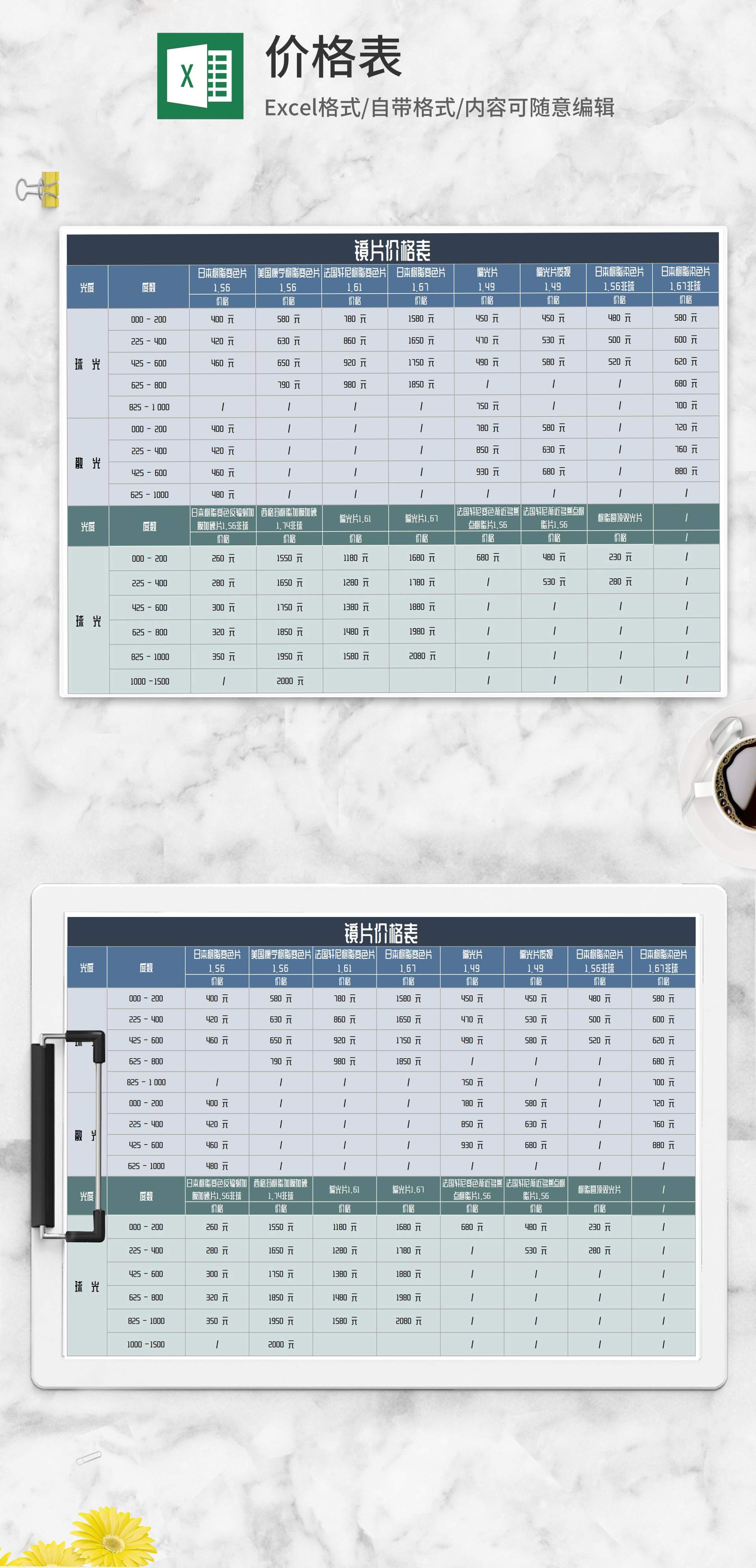 眼镜店镜片价格表Excel模板
