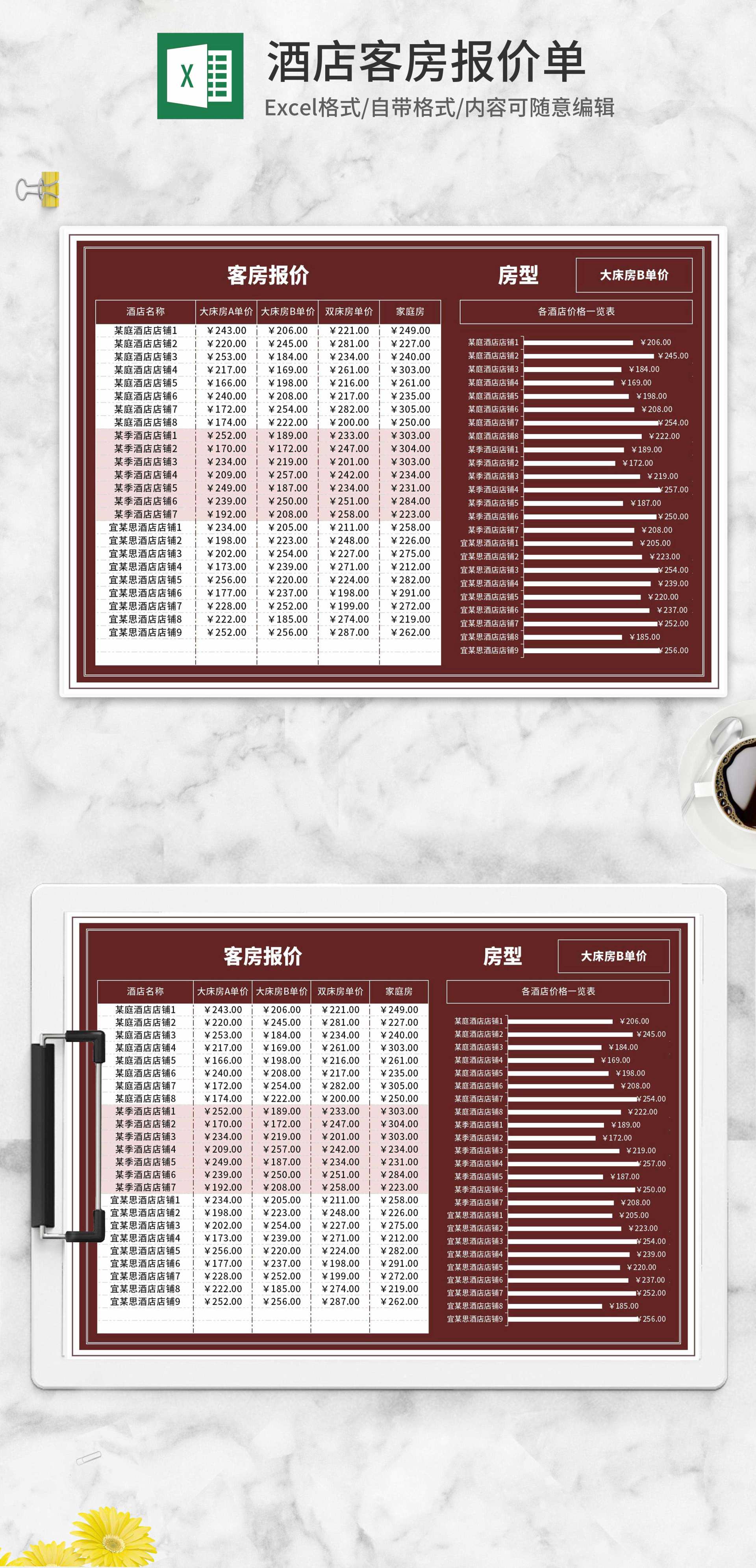 酒店客房报价一览表Excel模板