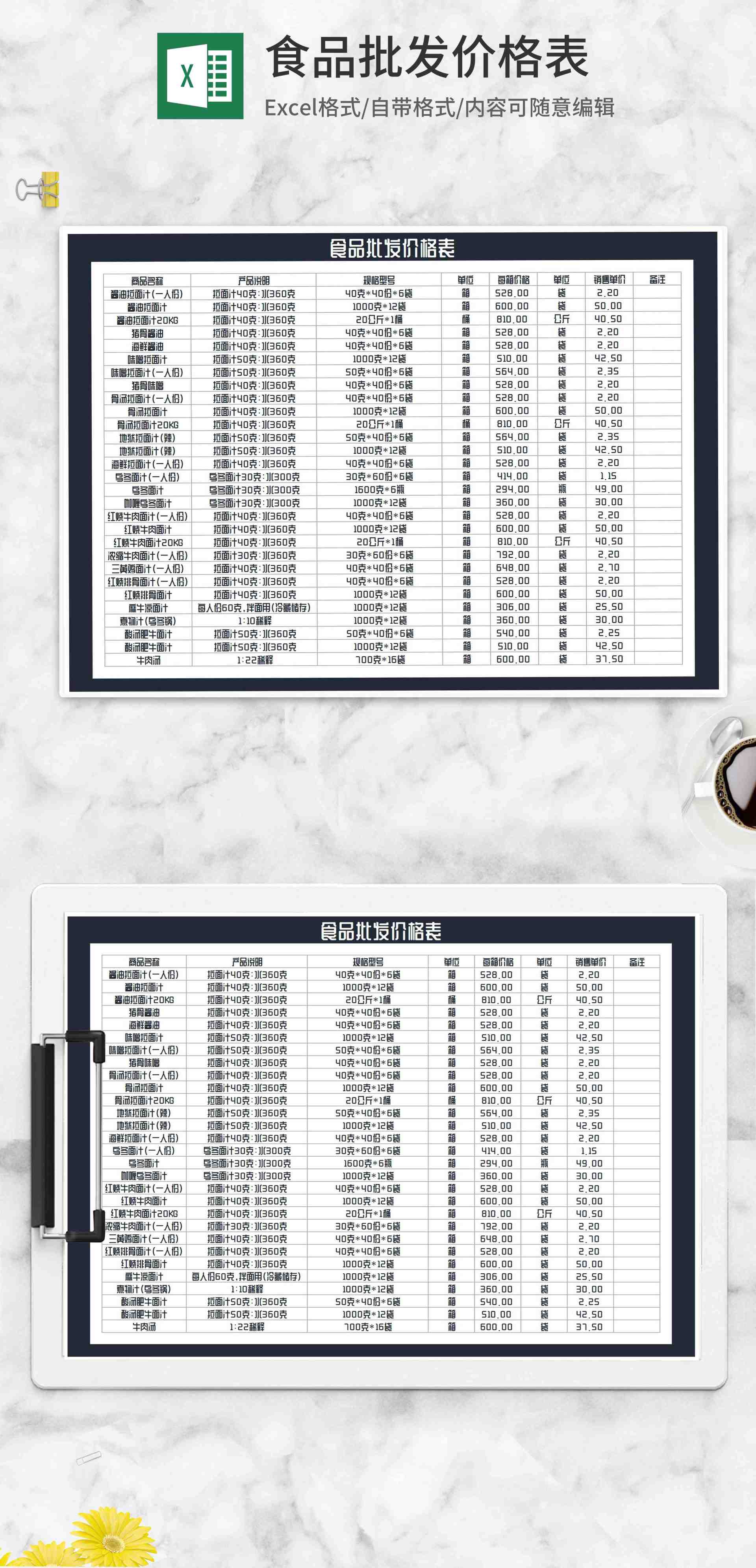 食品批发零售价格明细表Excel模板