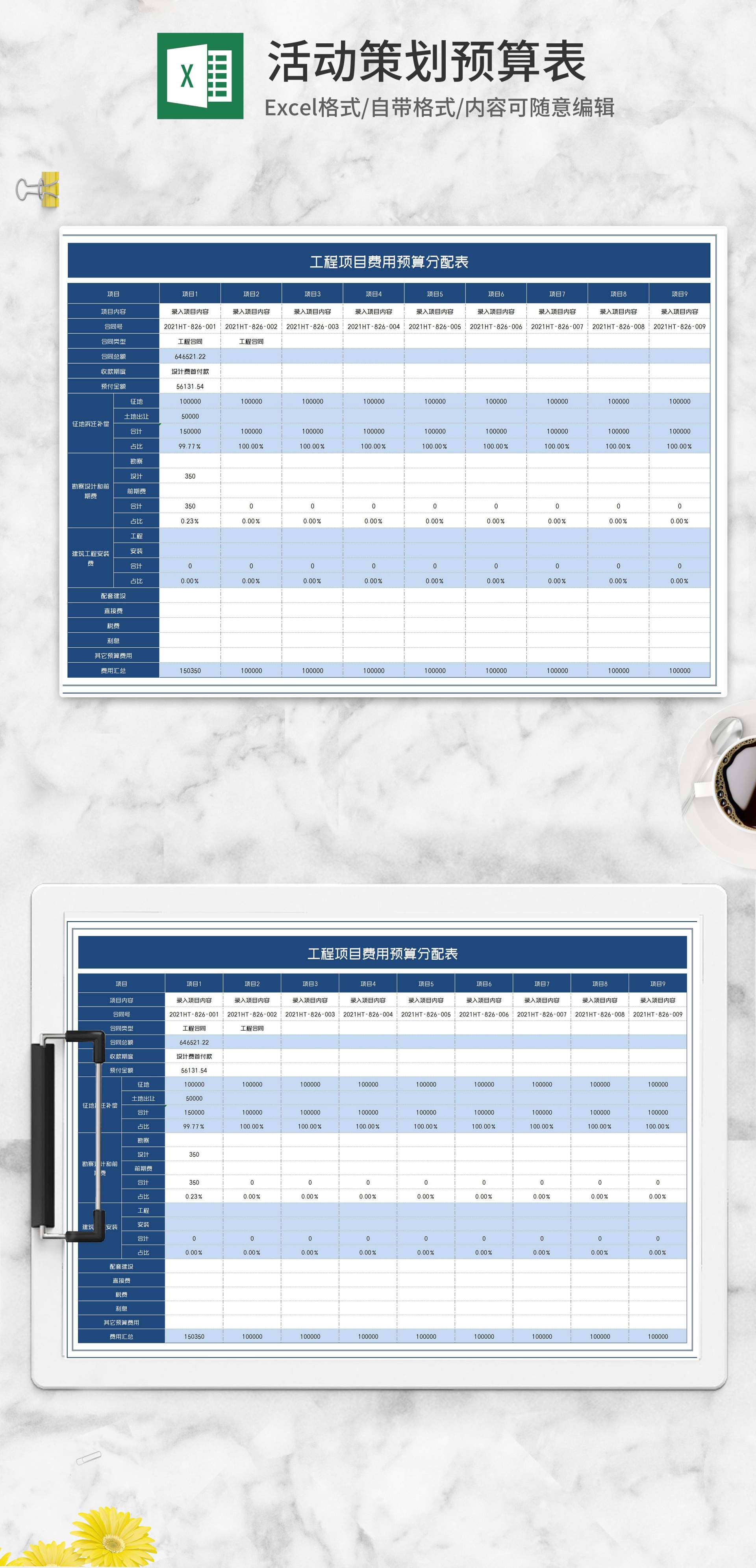 工程项目费用预算分配表Excel模板