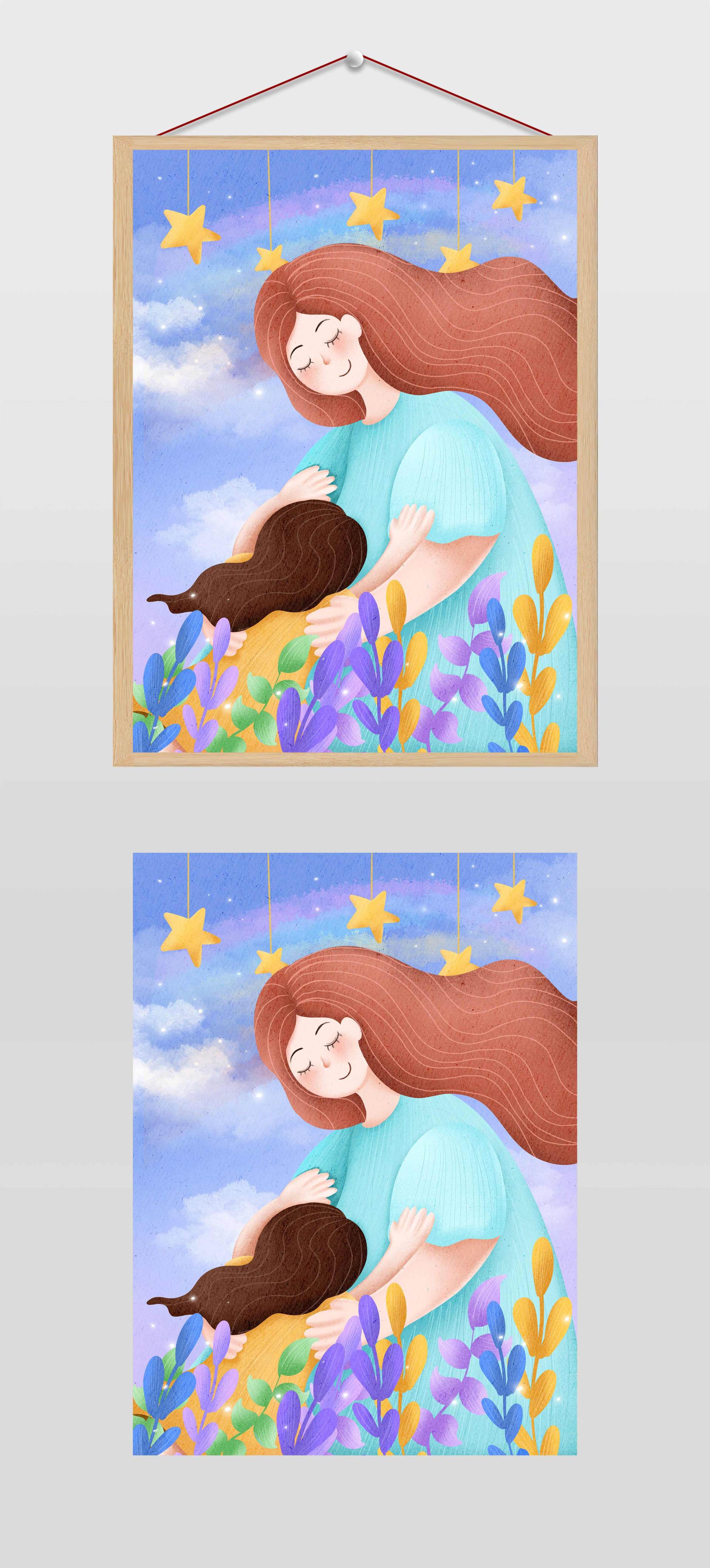 蓝色卡通唯美母亲节插画