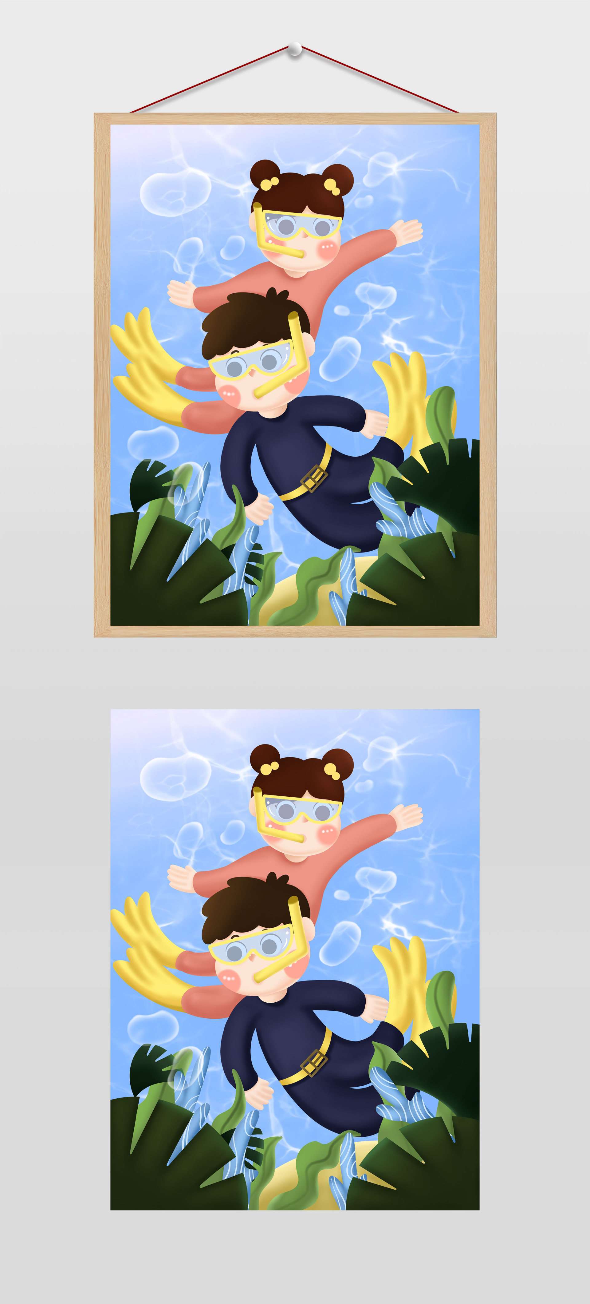 卡通男孩女孩潜水夏至插画