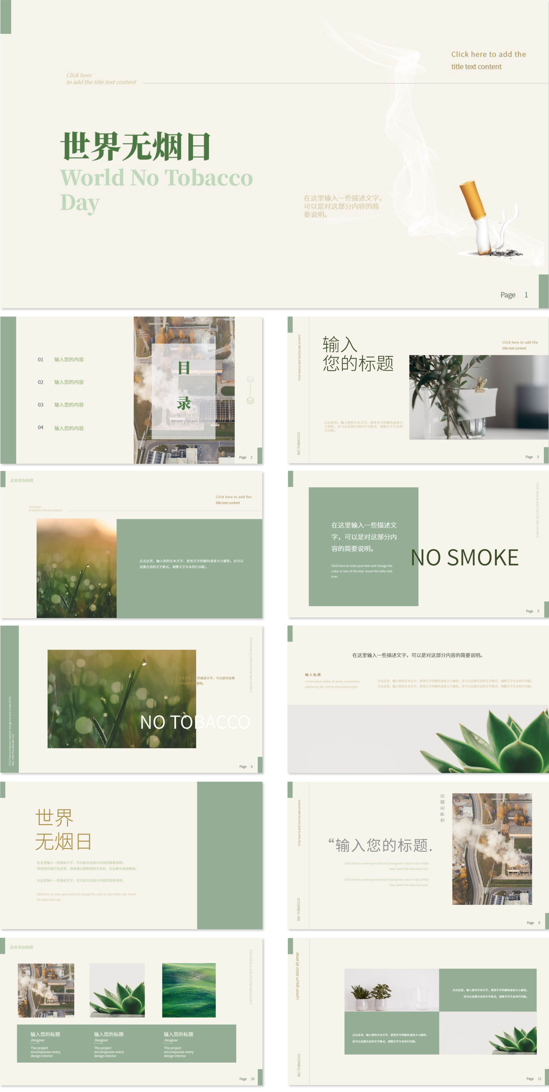 高级极简风世界无烟日主题PPT模板
