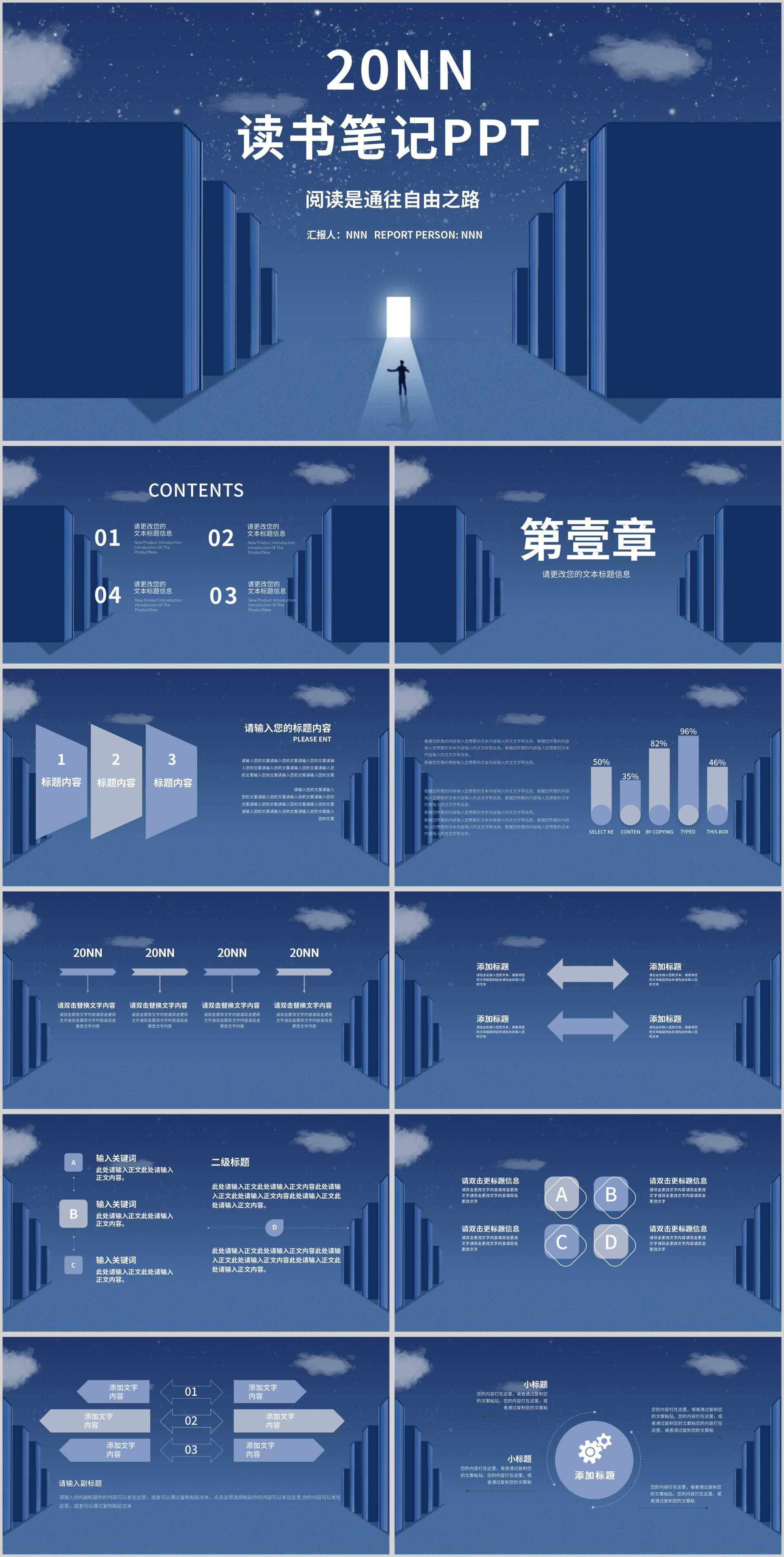 蓝色读书笔记PPT模板