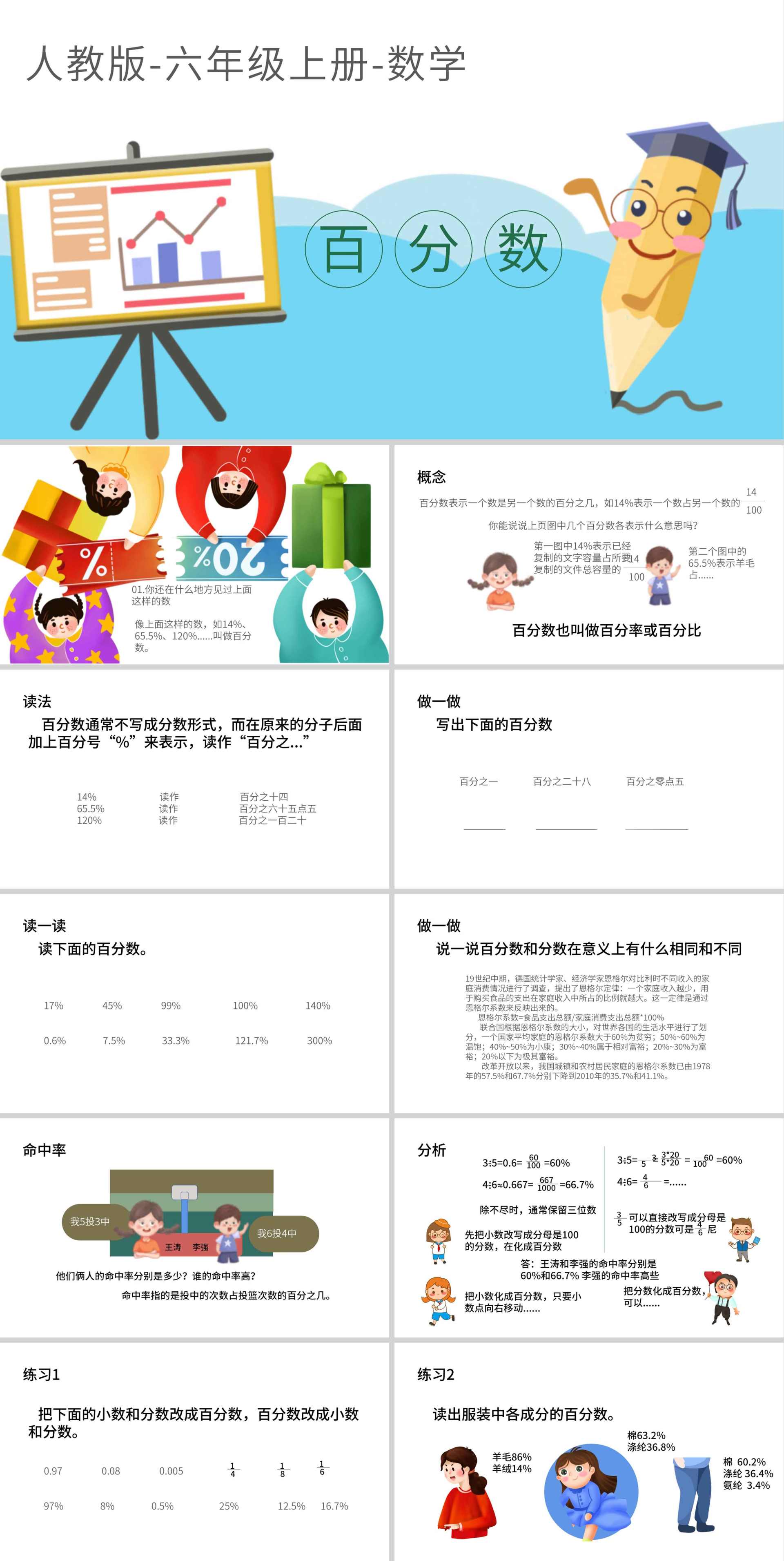 卡通人教版六年级上数学教学课件PPT模板