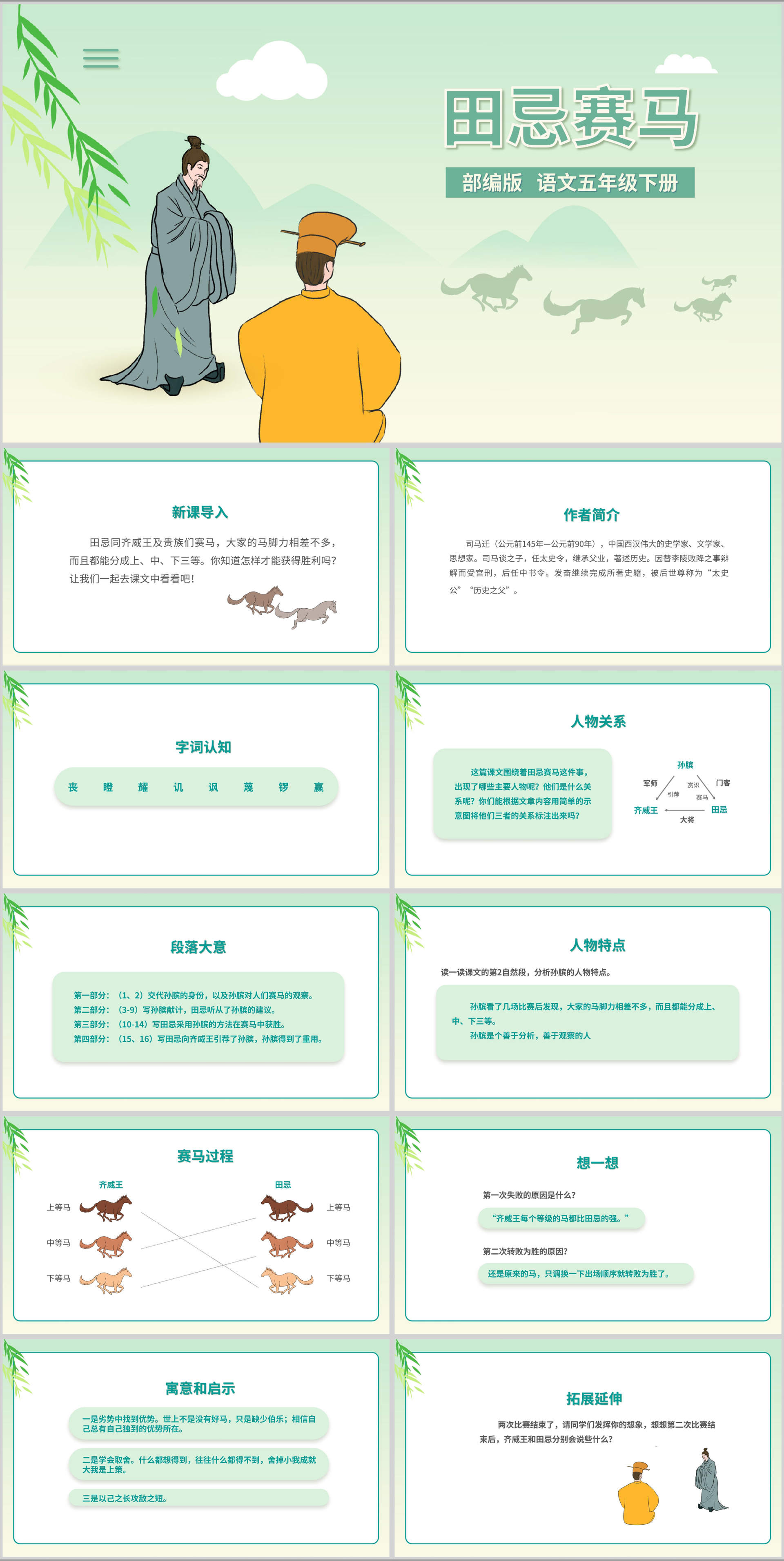 小清新语文五年级下《田忌赛马》课件PPT模板