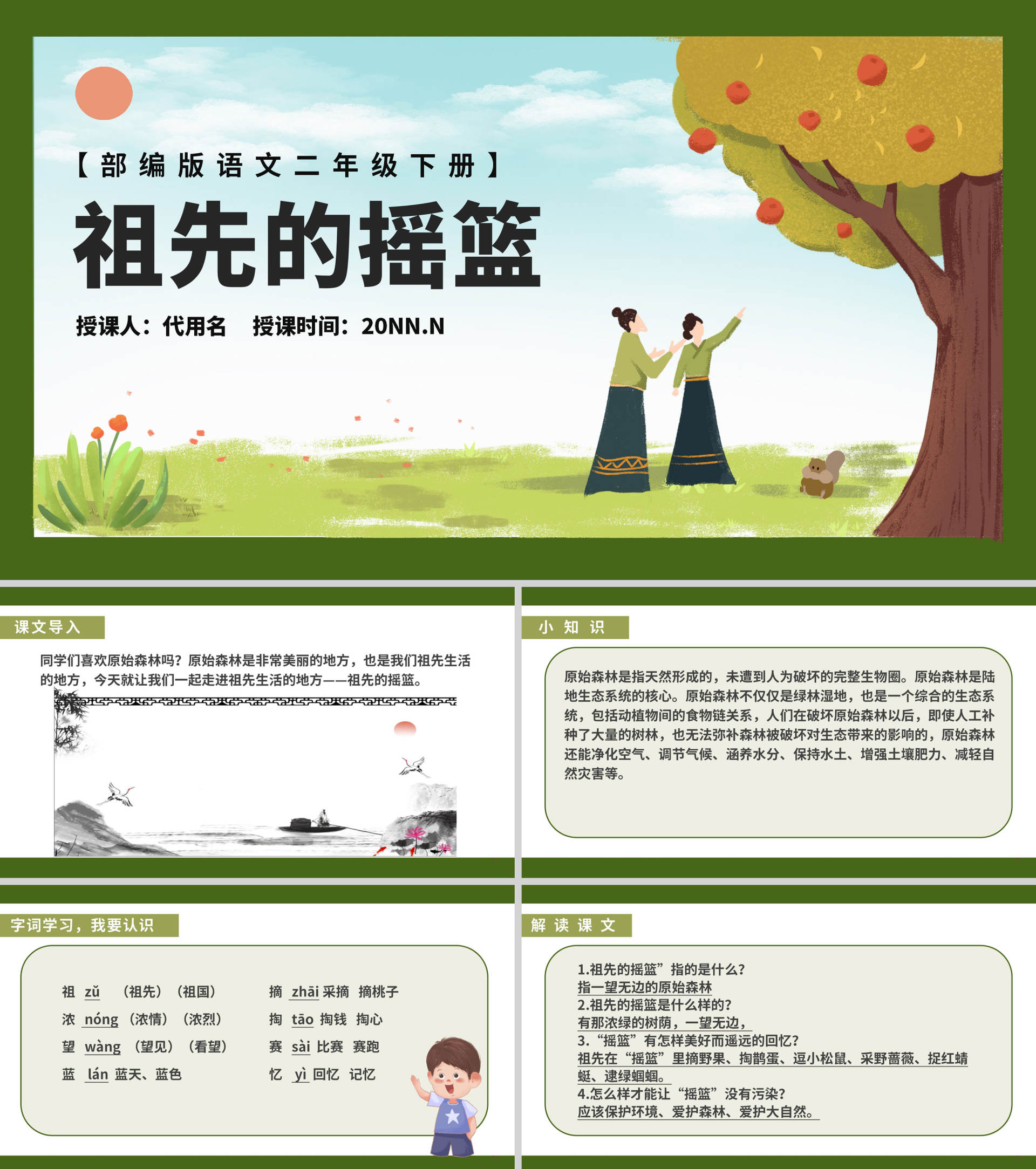 卡通语文二年级下《祖先的摇篮》课件PPT模板