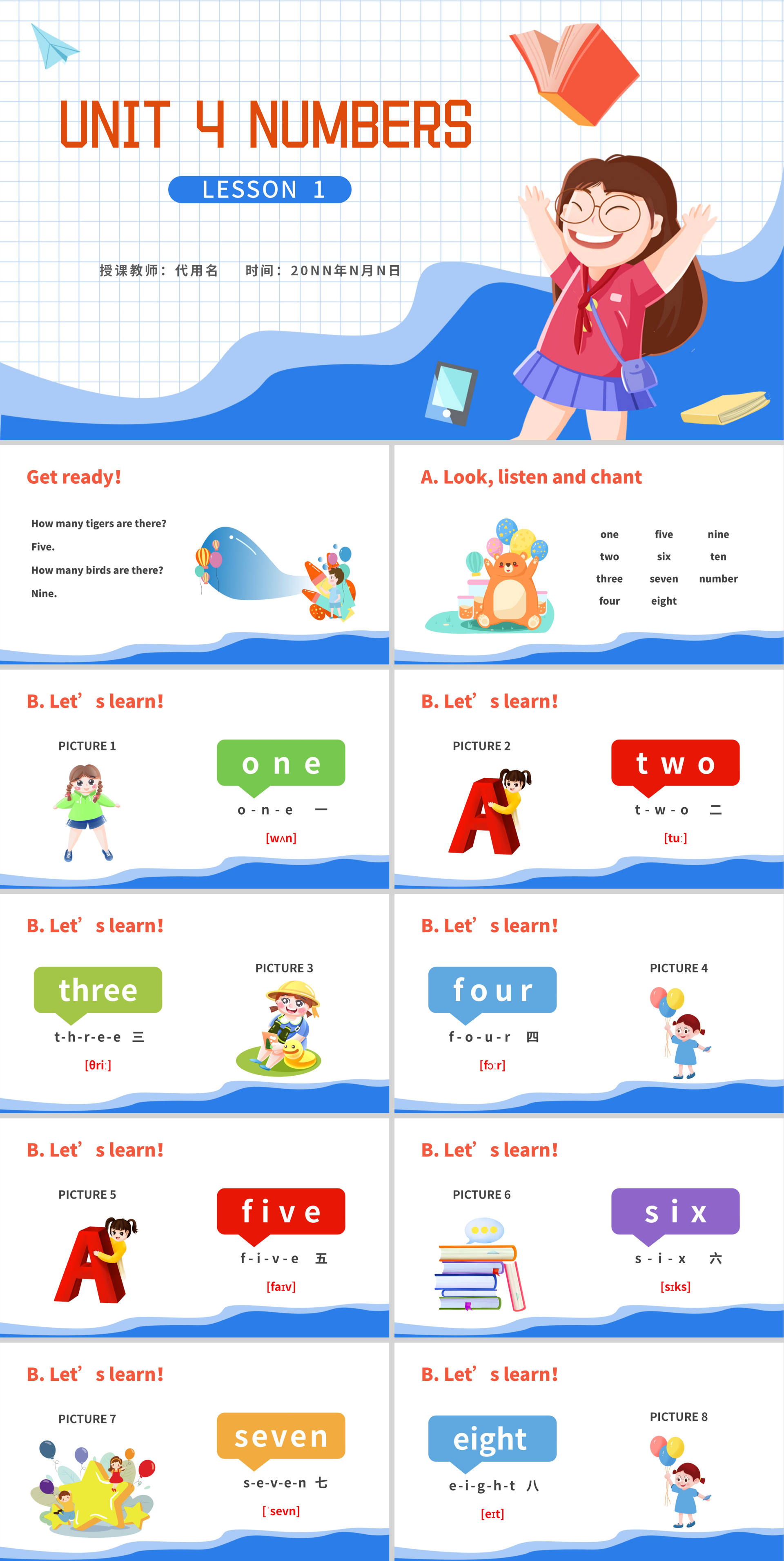 简约卡通一年级《Numbers》英语课件PPT模板