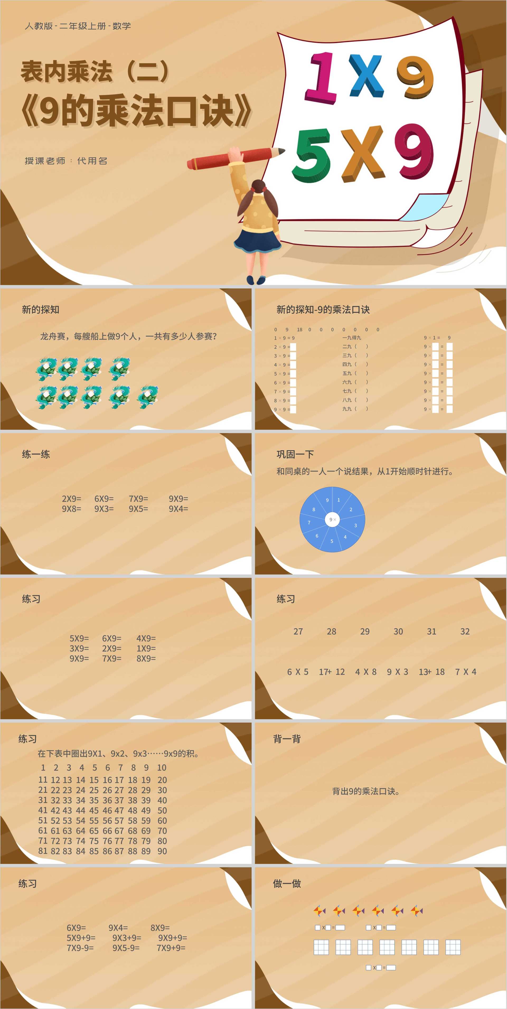 黄色扁平风二年级数学乘法口诀课件PPT模板