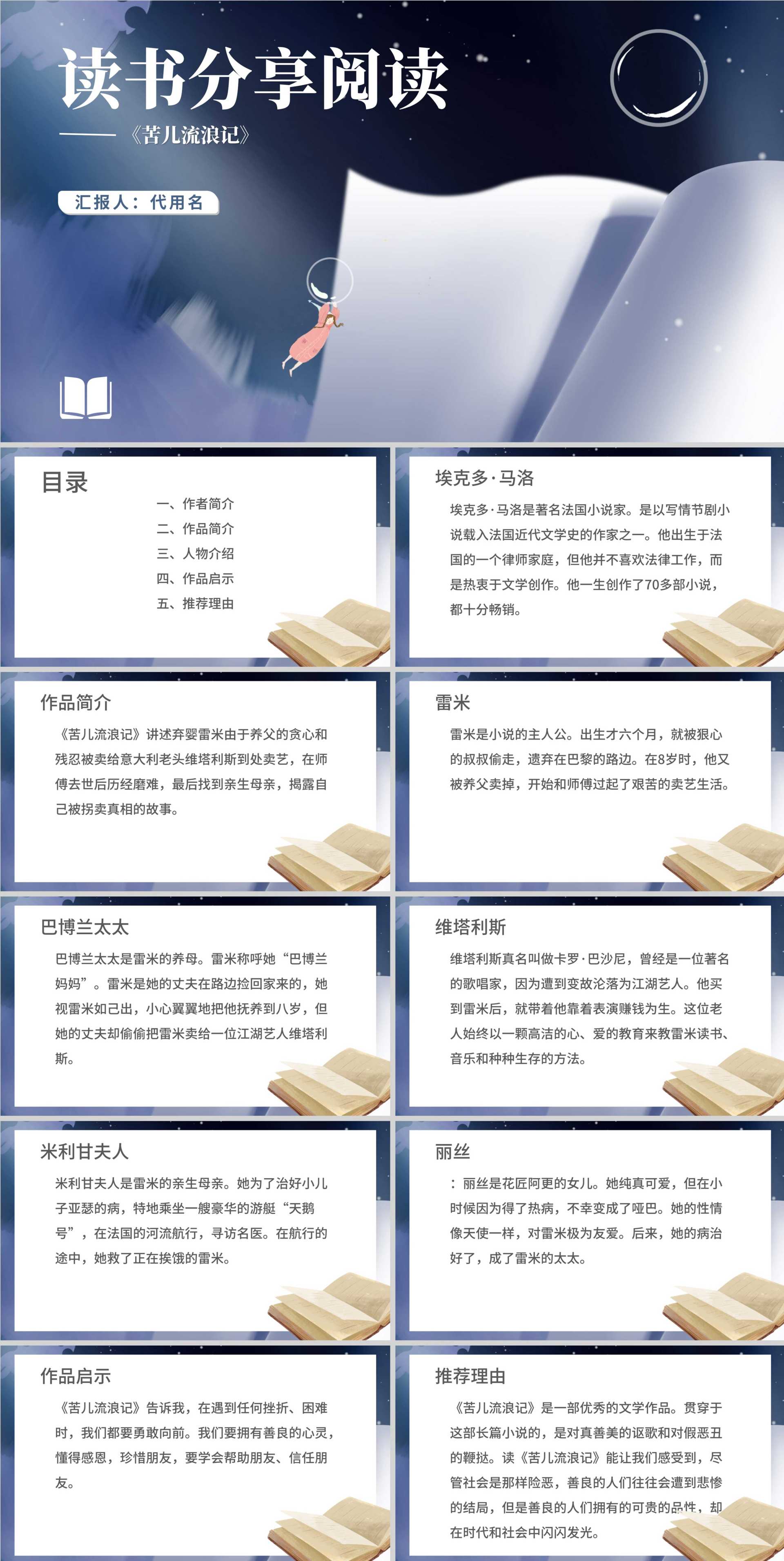 蓝色插画风读书分享苦儿流浪记课件PPT模板