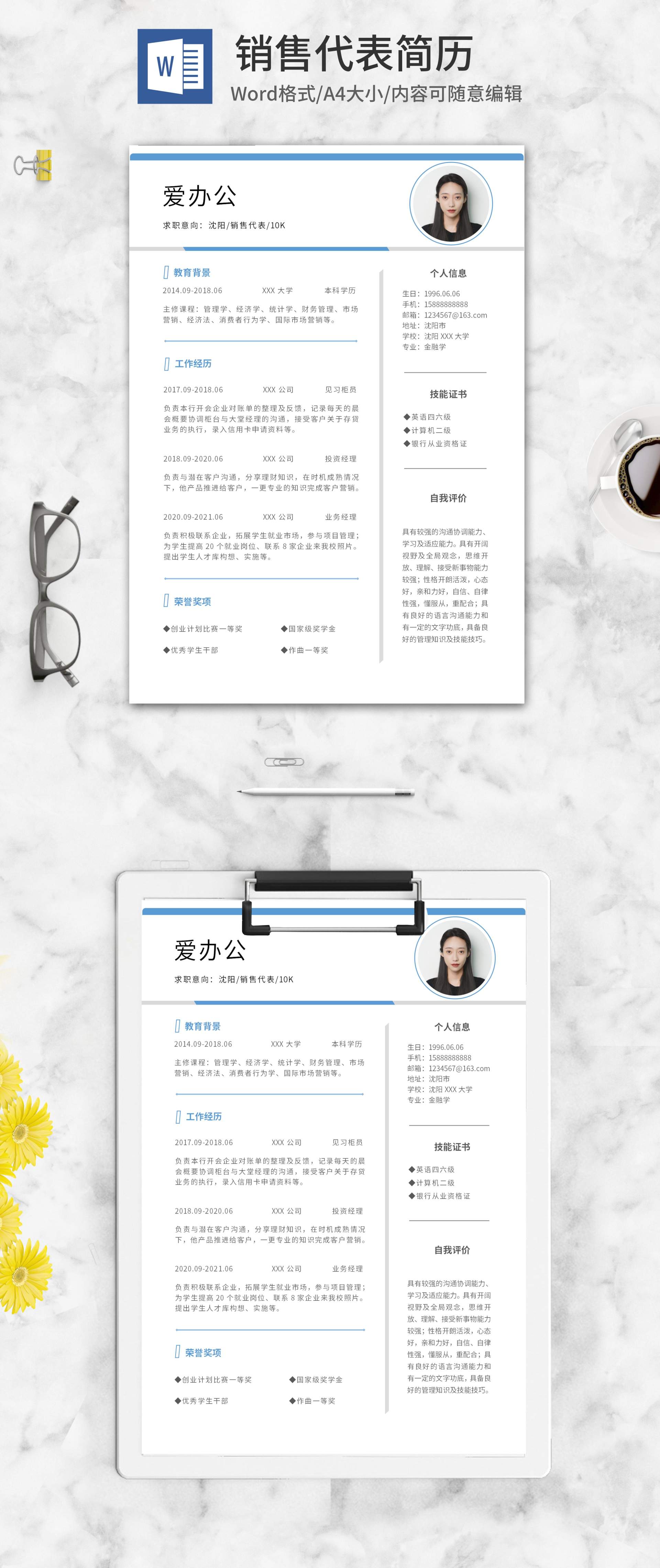 简约销售代表求职简历word模板