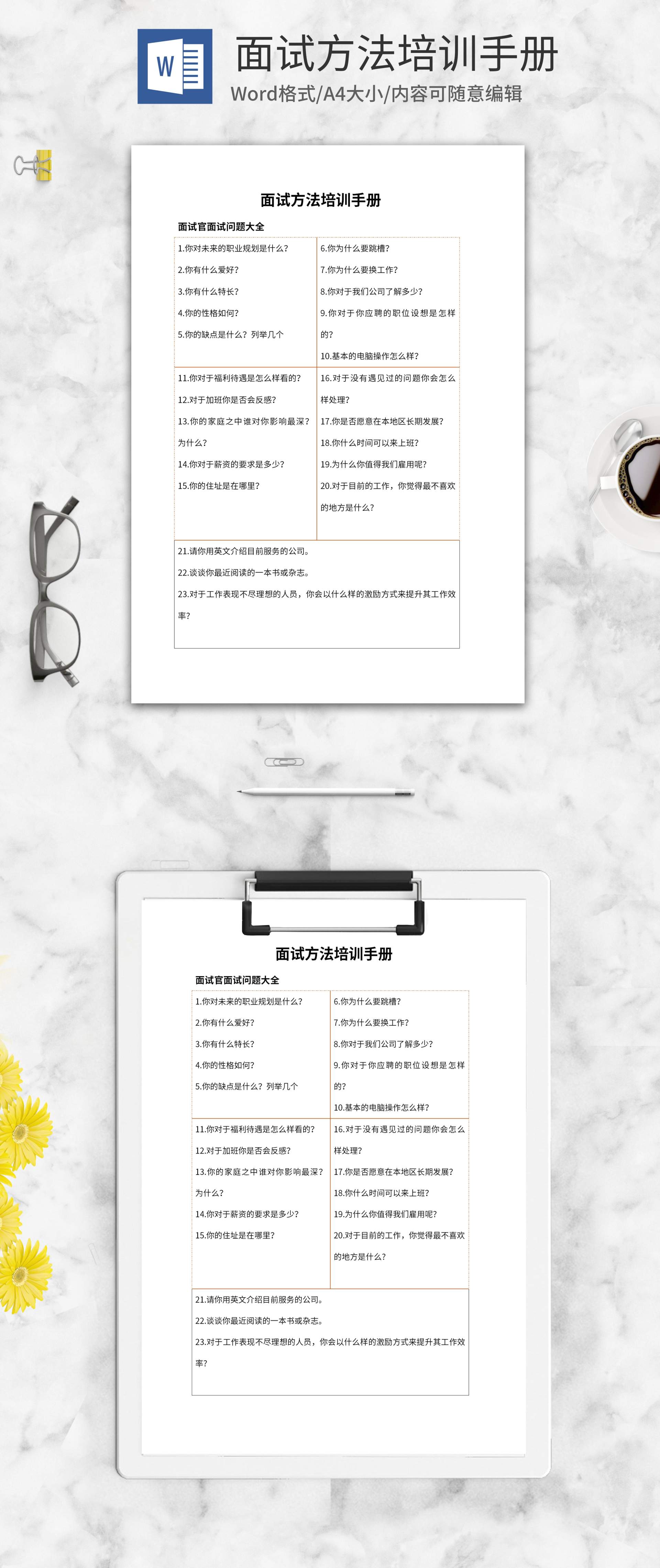 橘色线条面试方法培训手册word模板