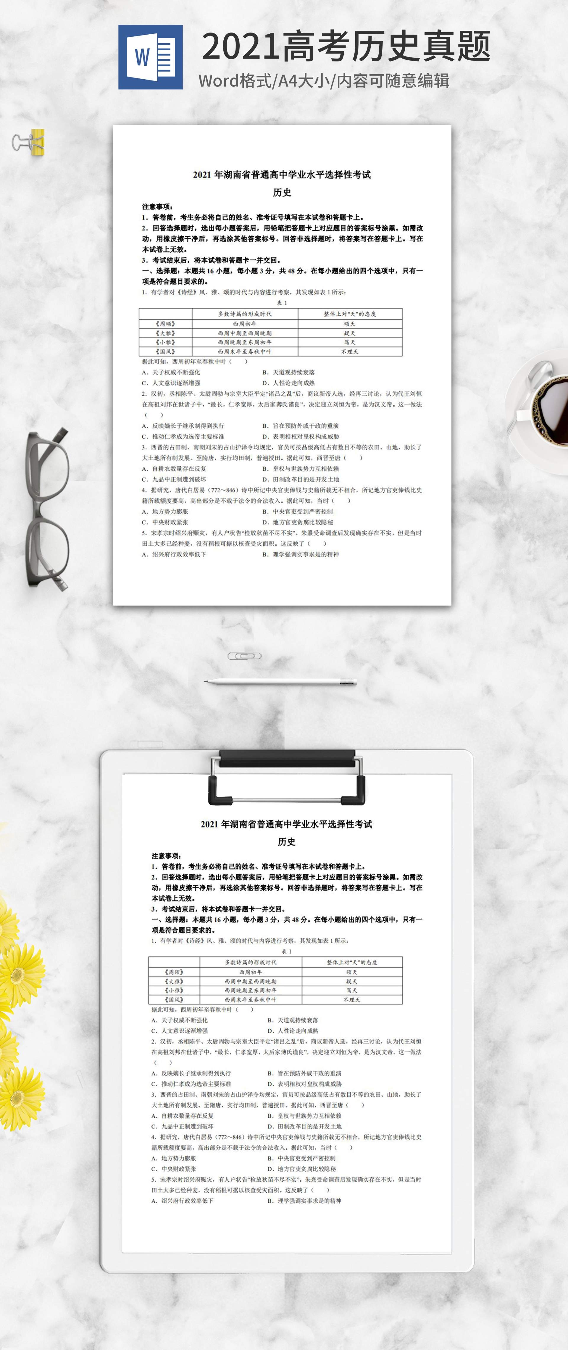 2021高考湖南省历史真题word模板