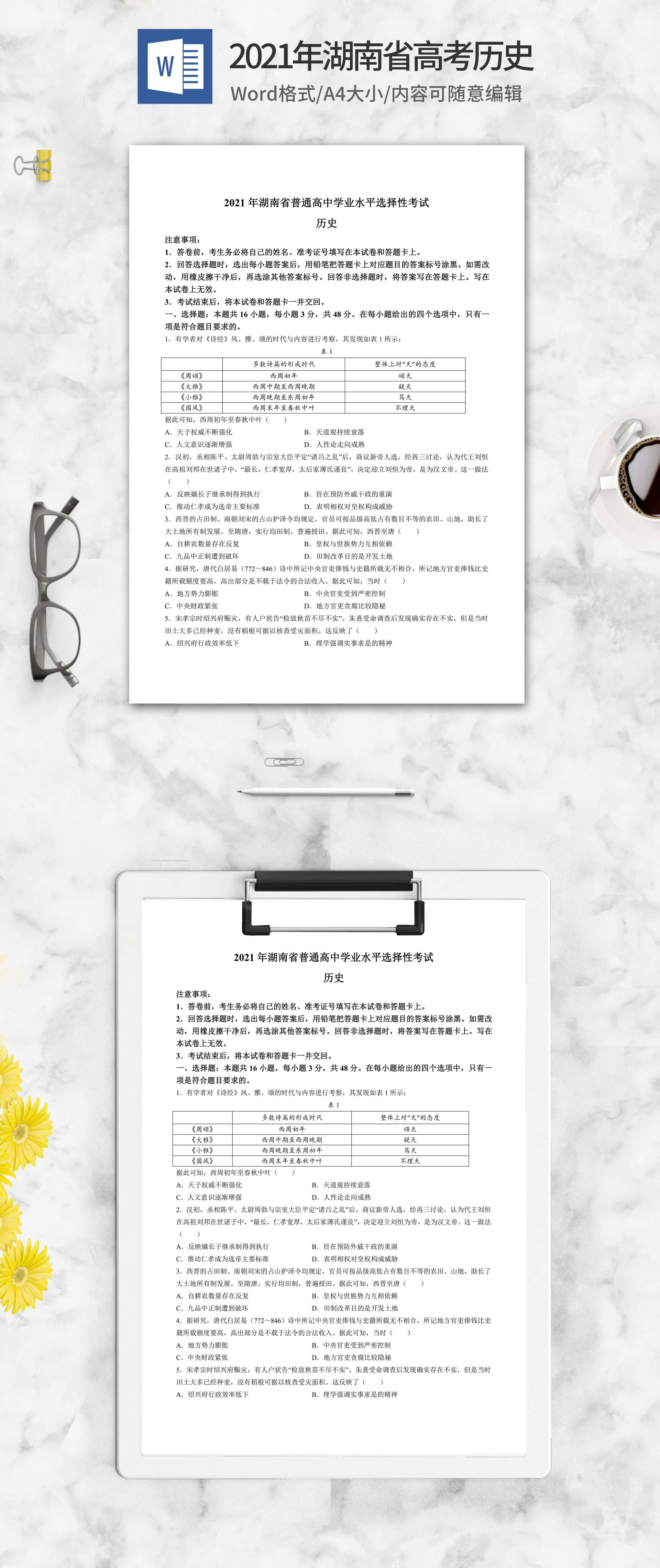 2021年湖南省高考历史试卷word模板