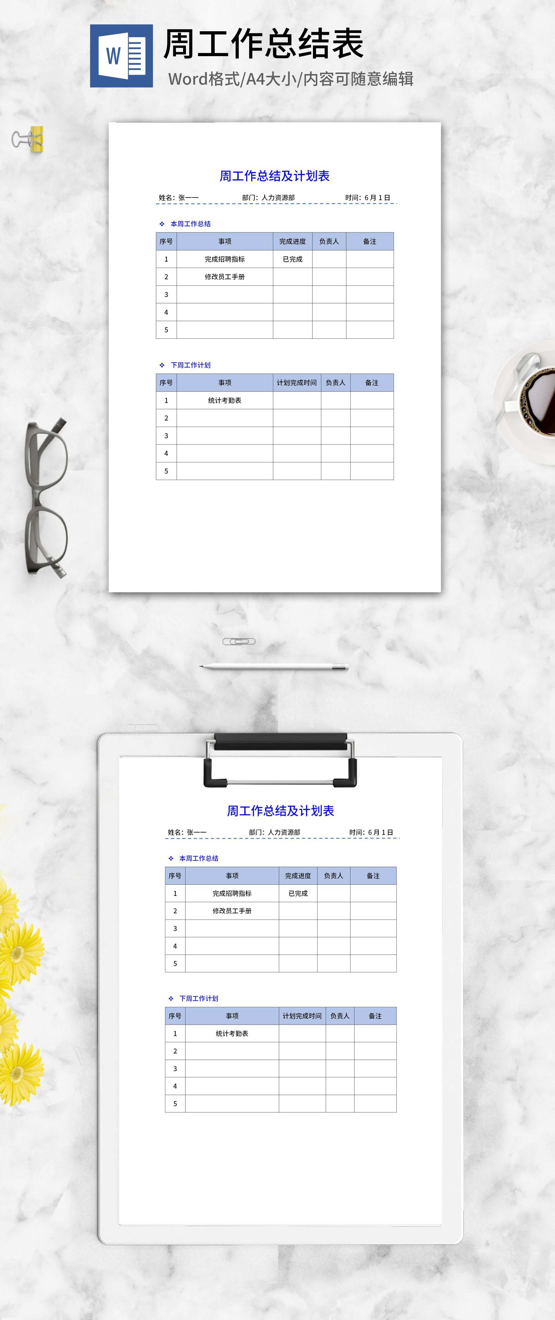 人资部周工作总结及计划表word模板