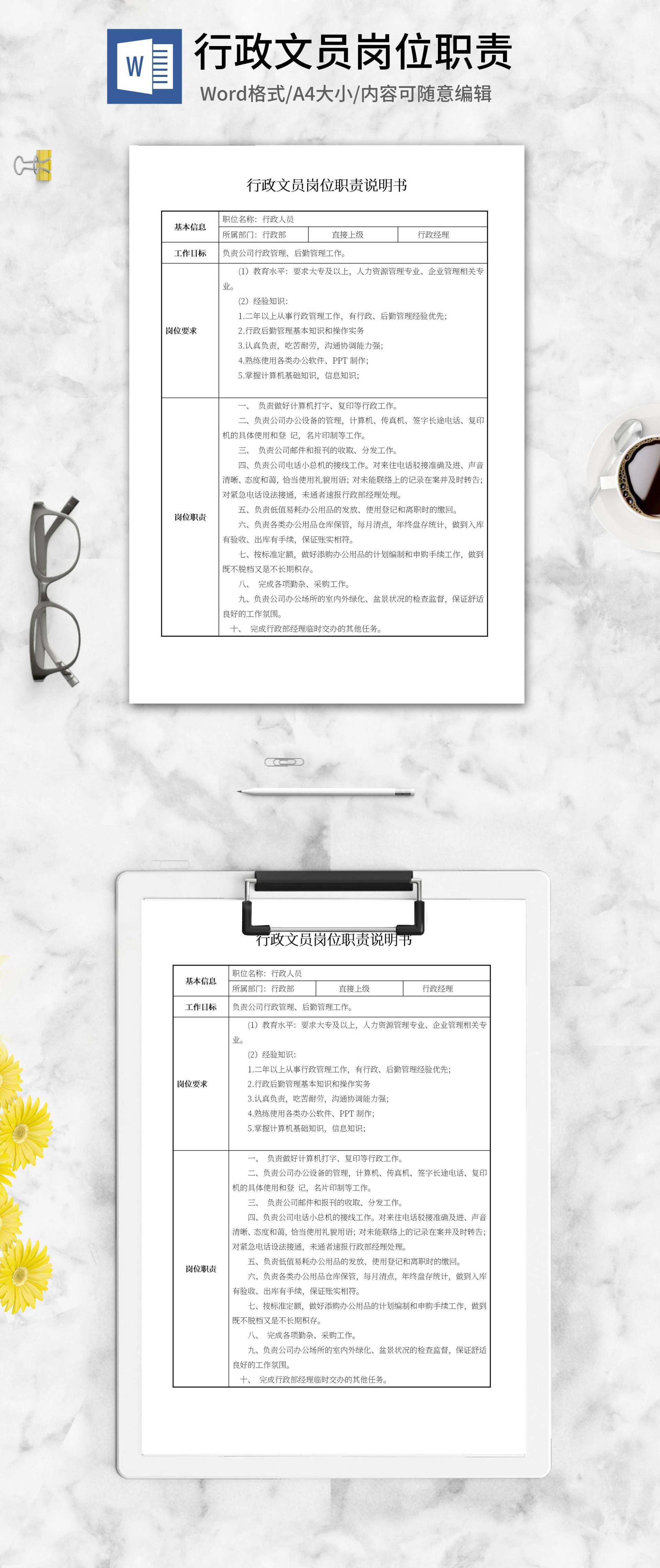 行政文员岗位职责说明书word模板