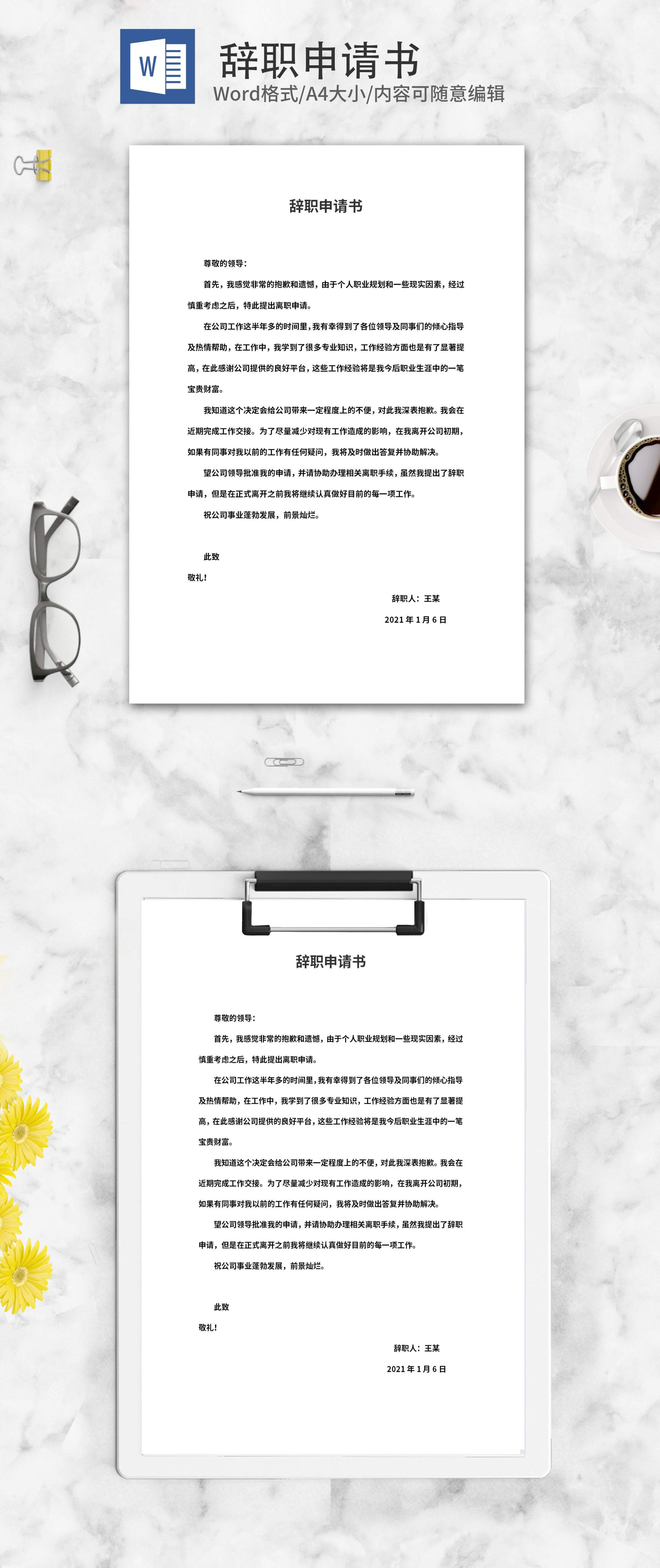 辞职申请书范本word模板