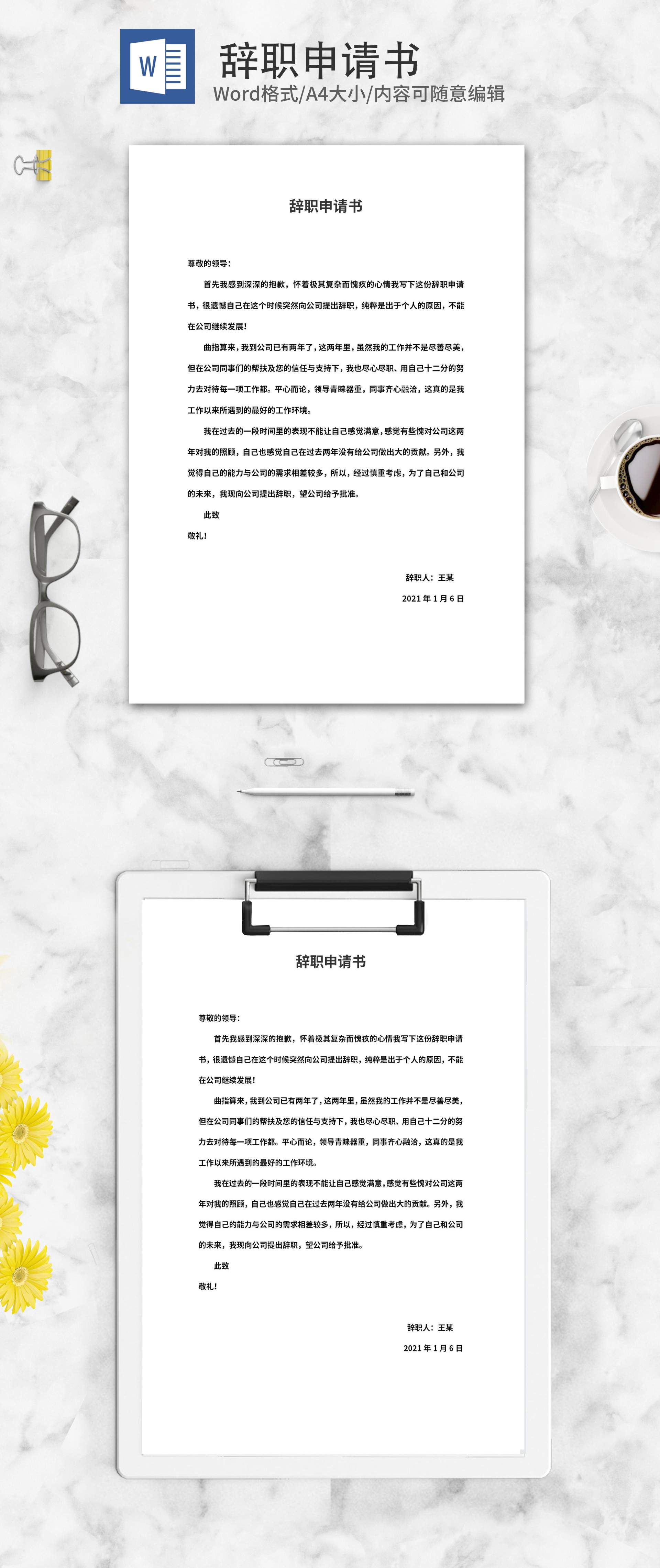 个人原因辞职申请书word模板