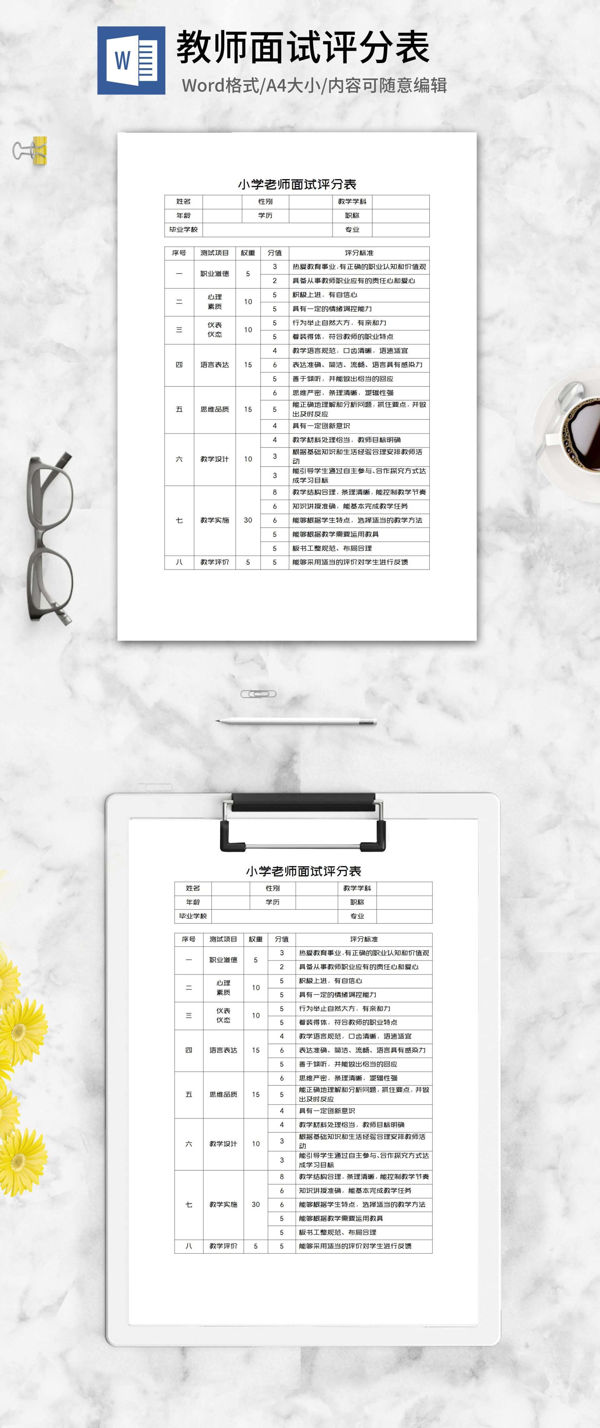 小学老师面试评分表word模板