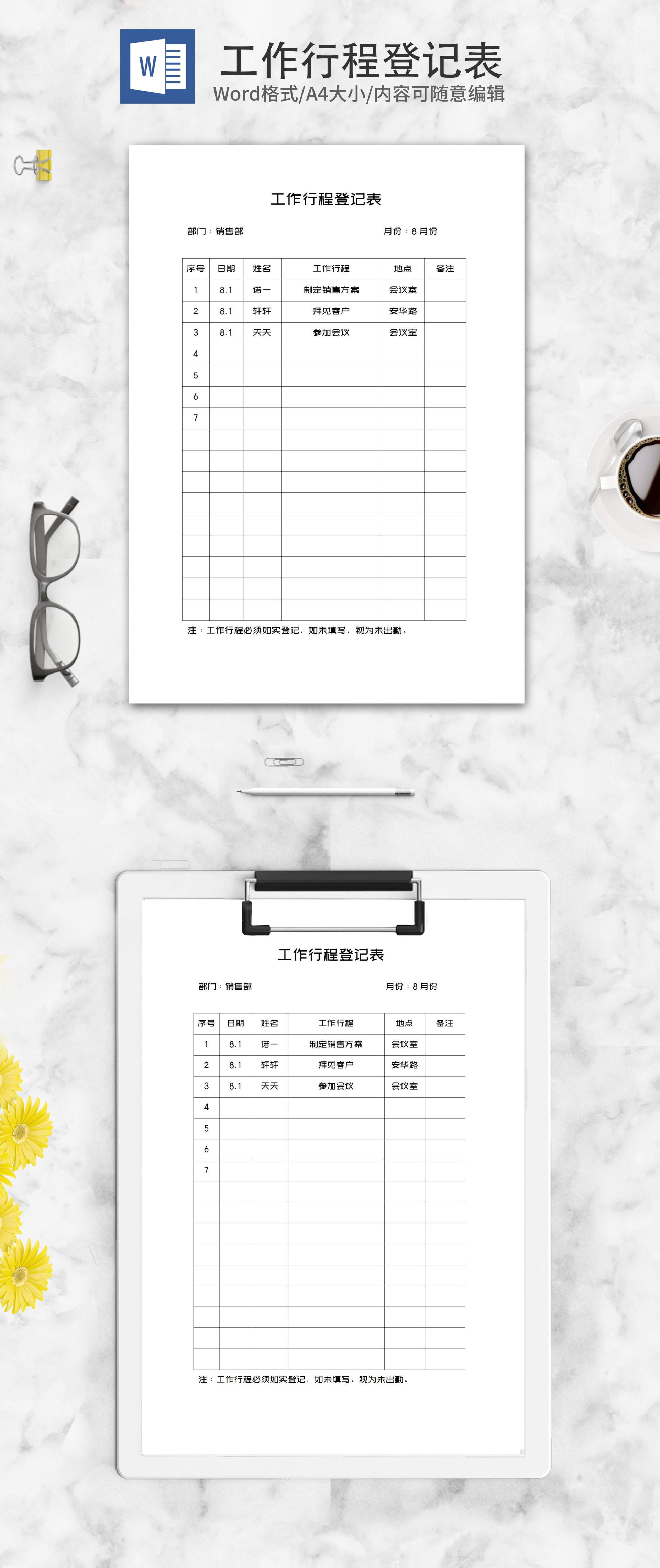 公司销售部工作行程登记表word模板