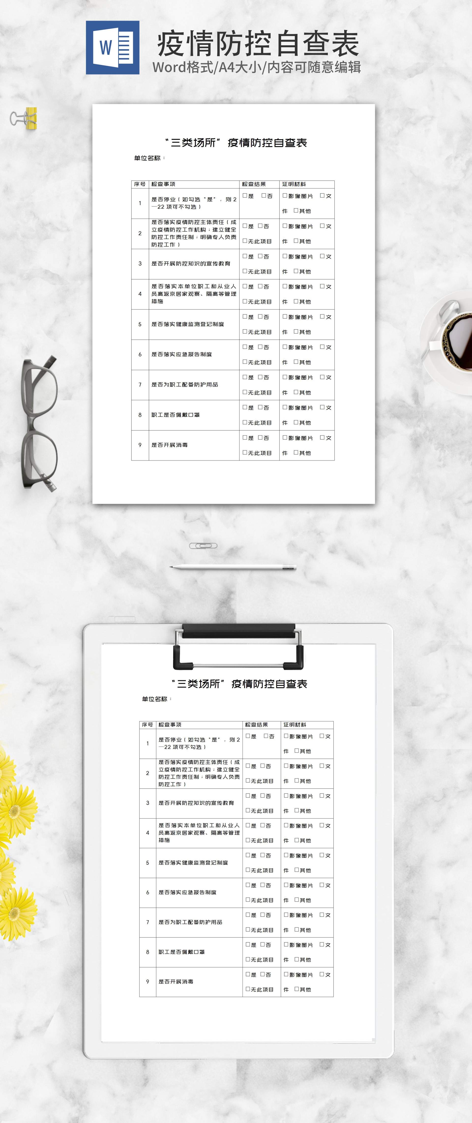 “三类场所”疫情防控自查表word模板