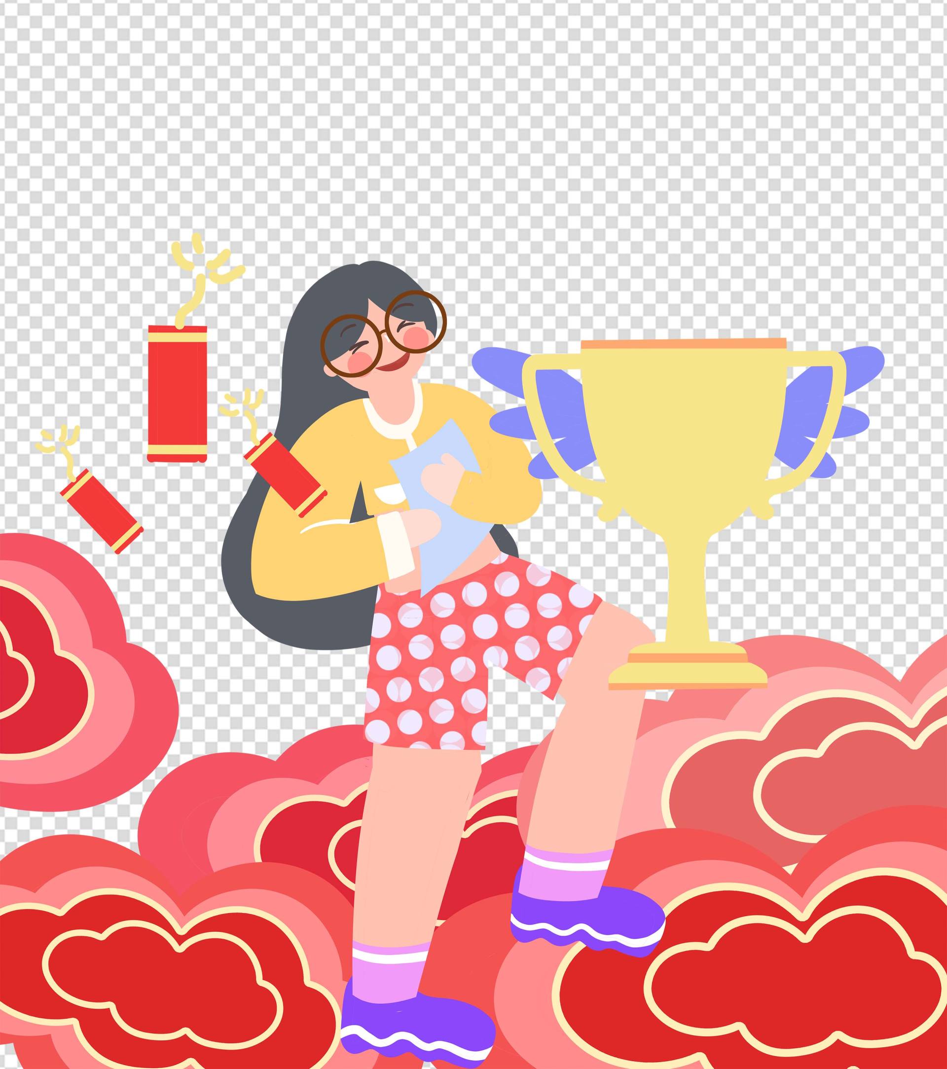 红色女孩庆祝高考喜报卡通手绘