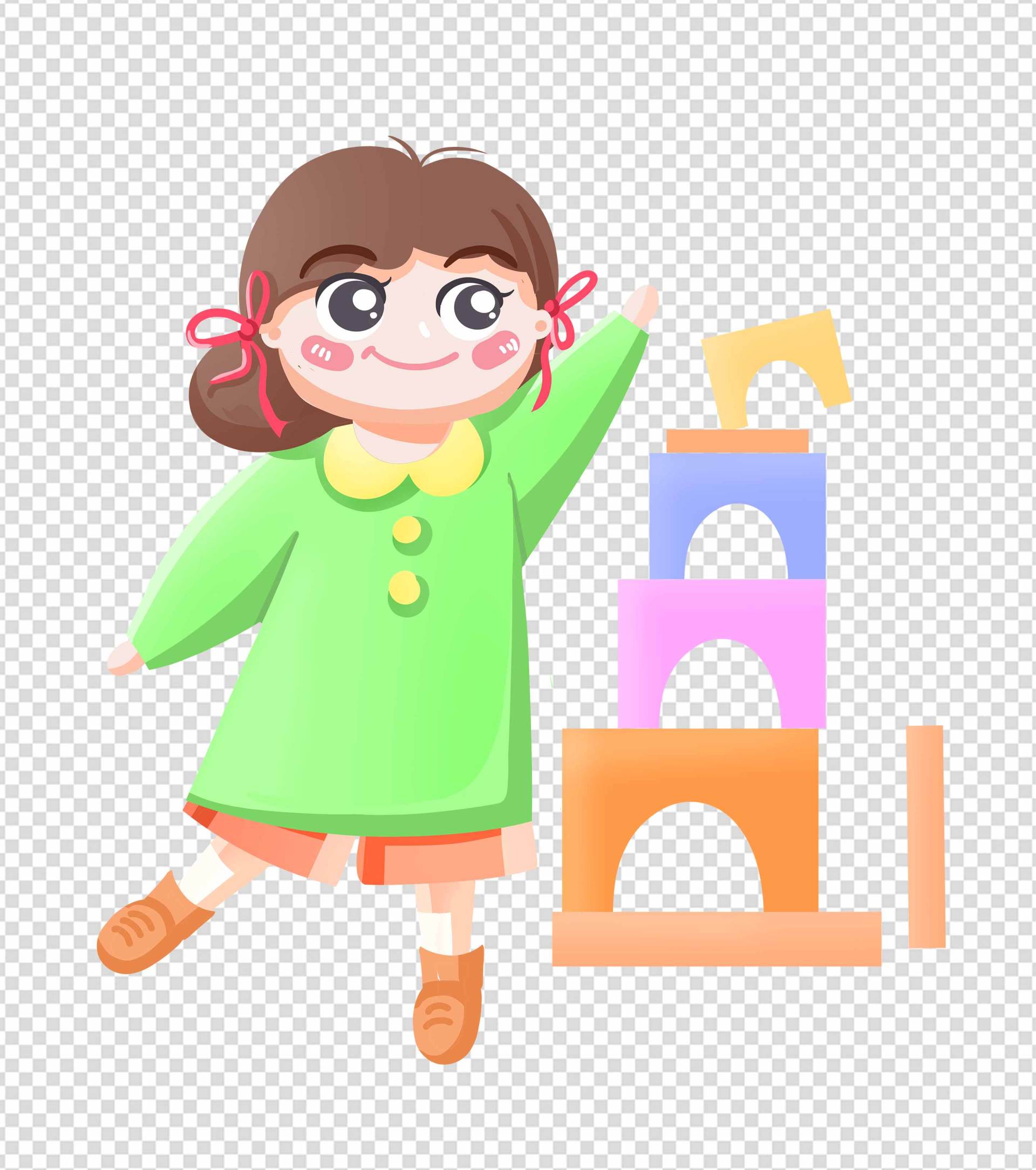 卡通绿色小女孩积木幼儿园元素