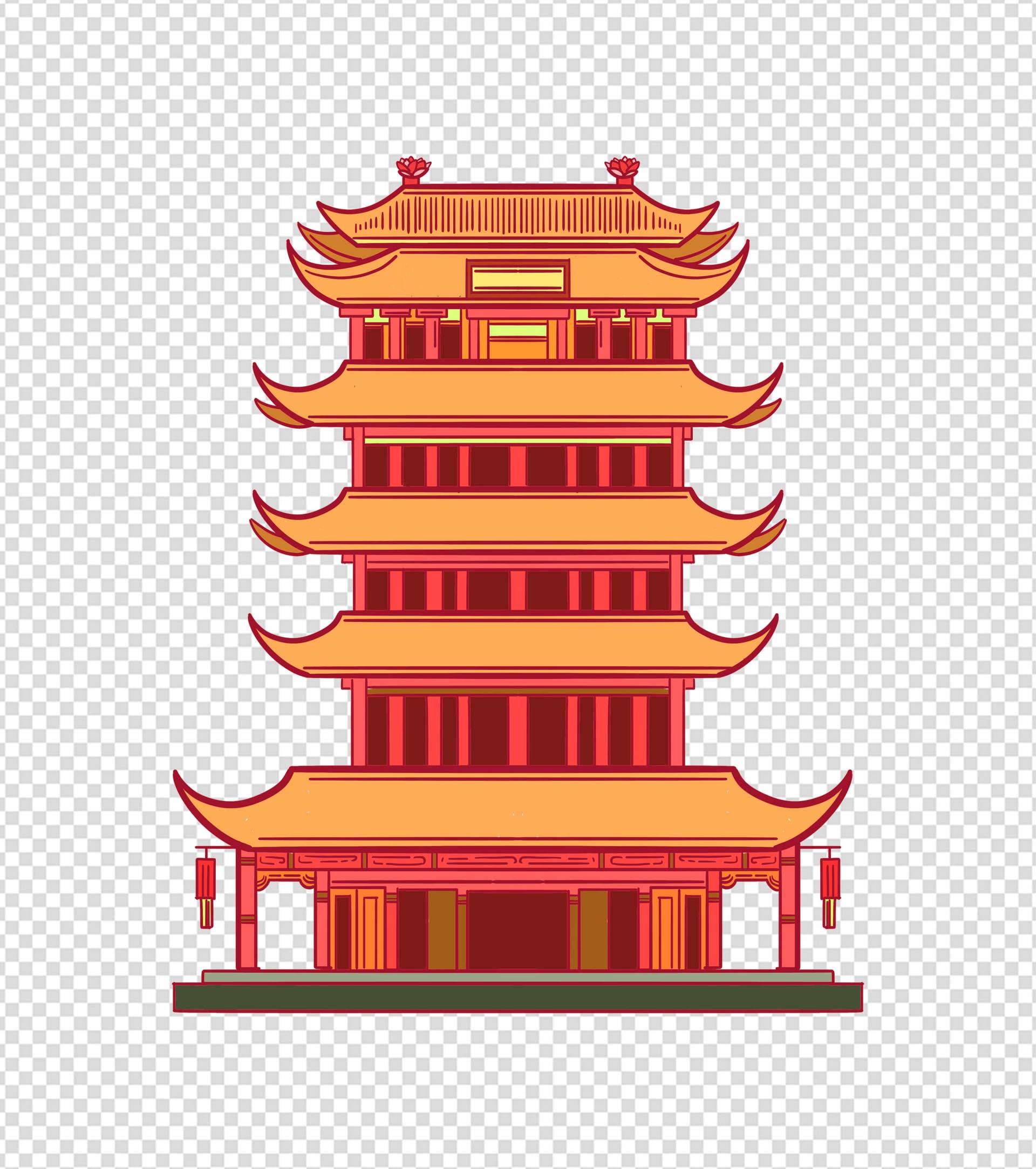 卡通黄色古建筑元素
