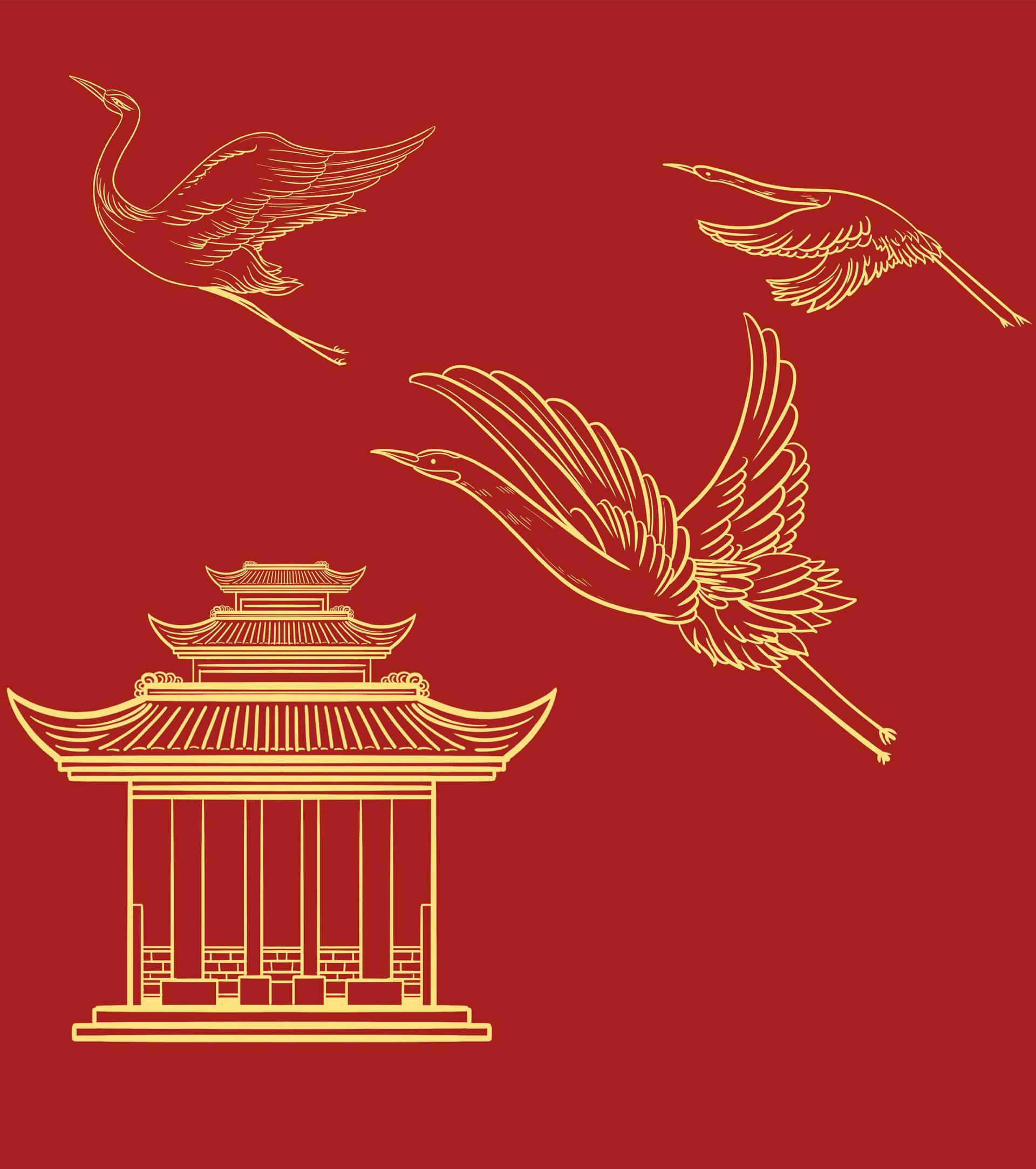 卡通中国风红色鹤凉亭元素