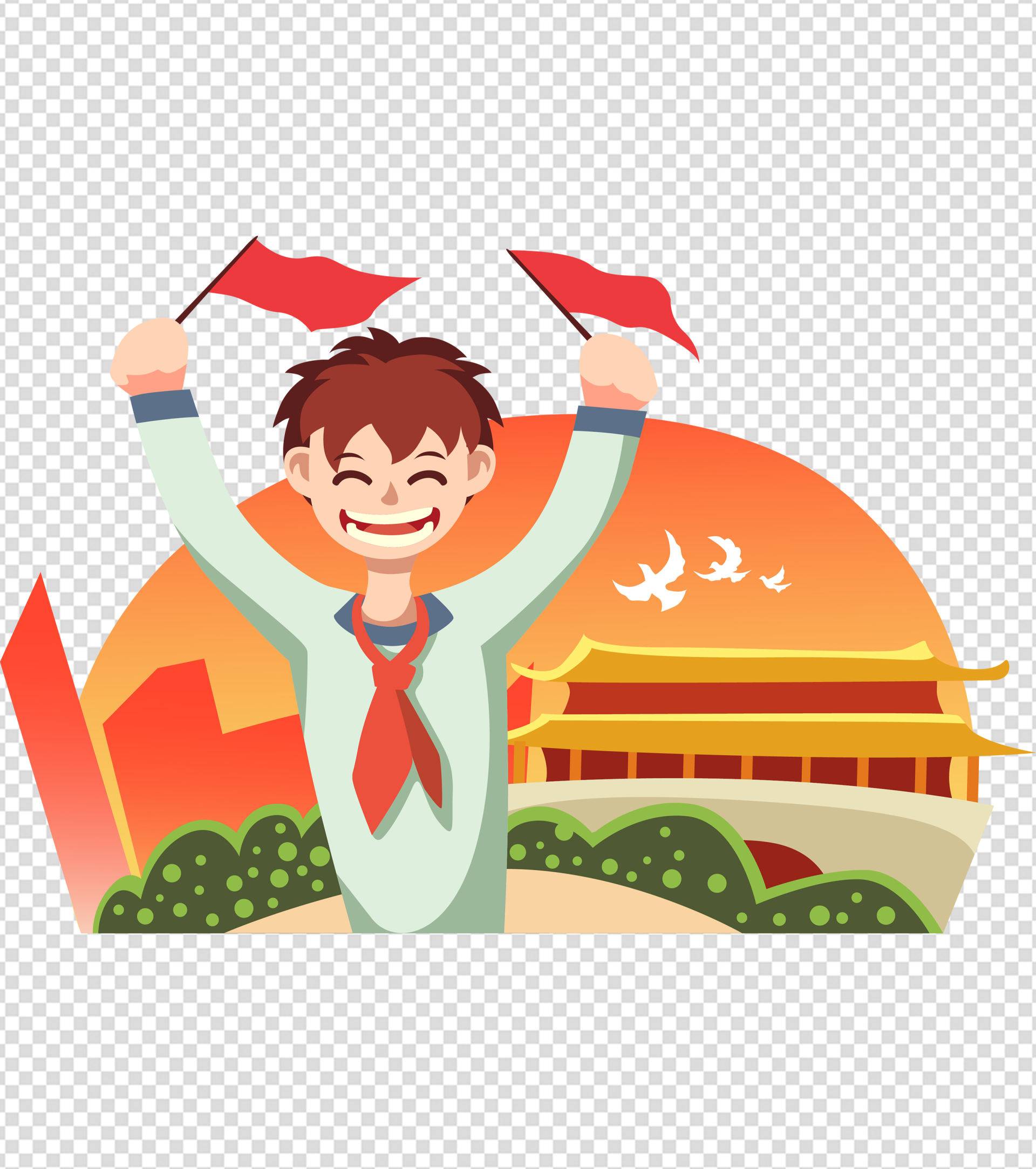 男孩高举旗帜爱国元素