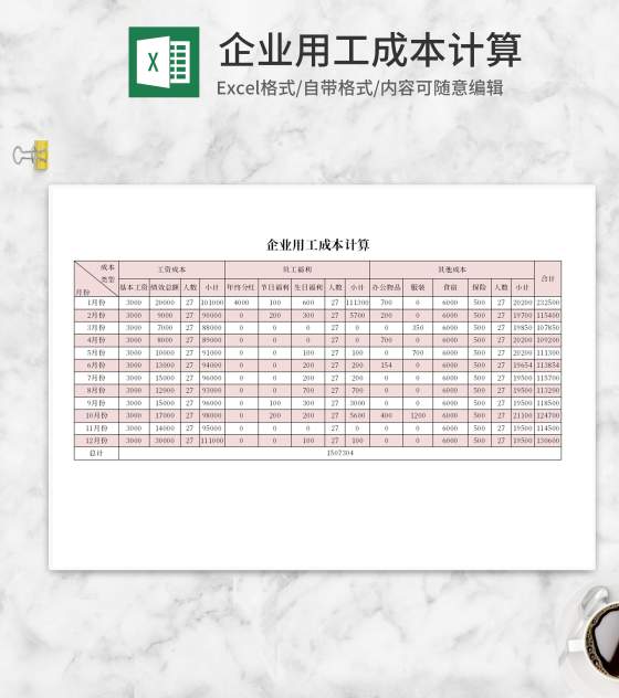 小清新粉色企业用工成本计算Excel模板
