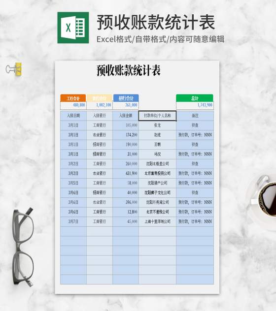 小清新预收账款统计excel模板