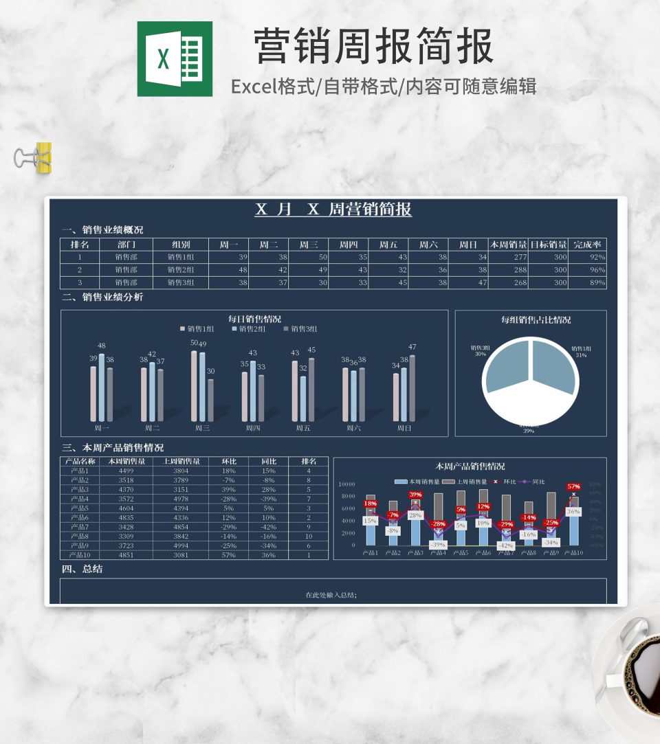 小清新蓝色营销周报简报Excel模板