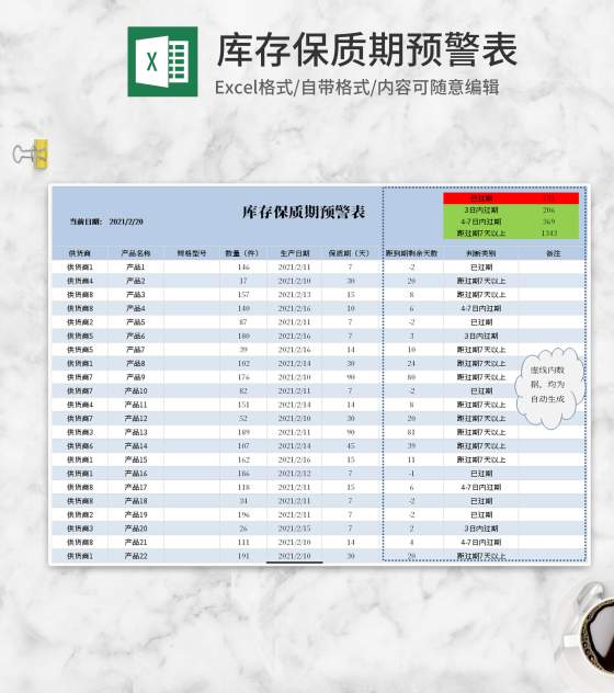 小清新蓝色库存保质期预警Excel模板