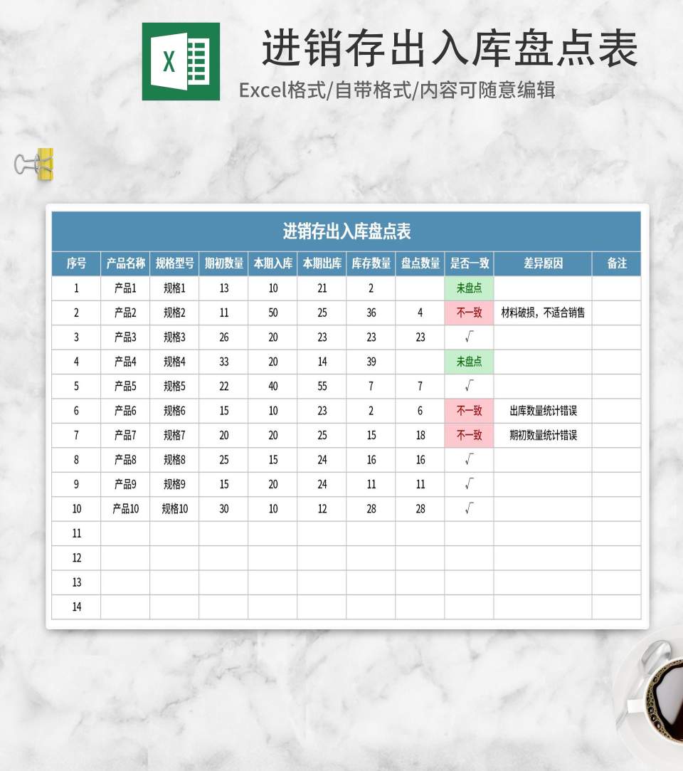 小清新蓝色进销存出入库盘点表Excel模板