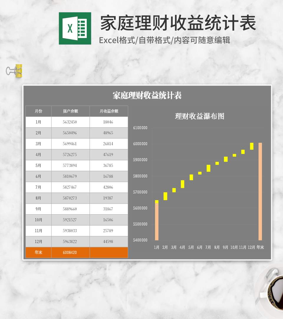 灰色家庭理财收益统计表Excel模板