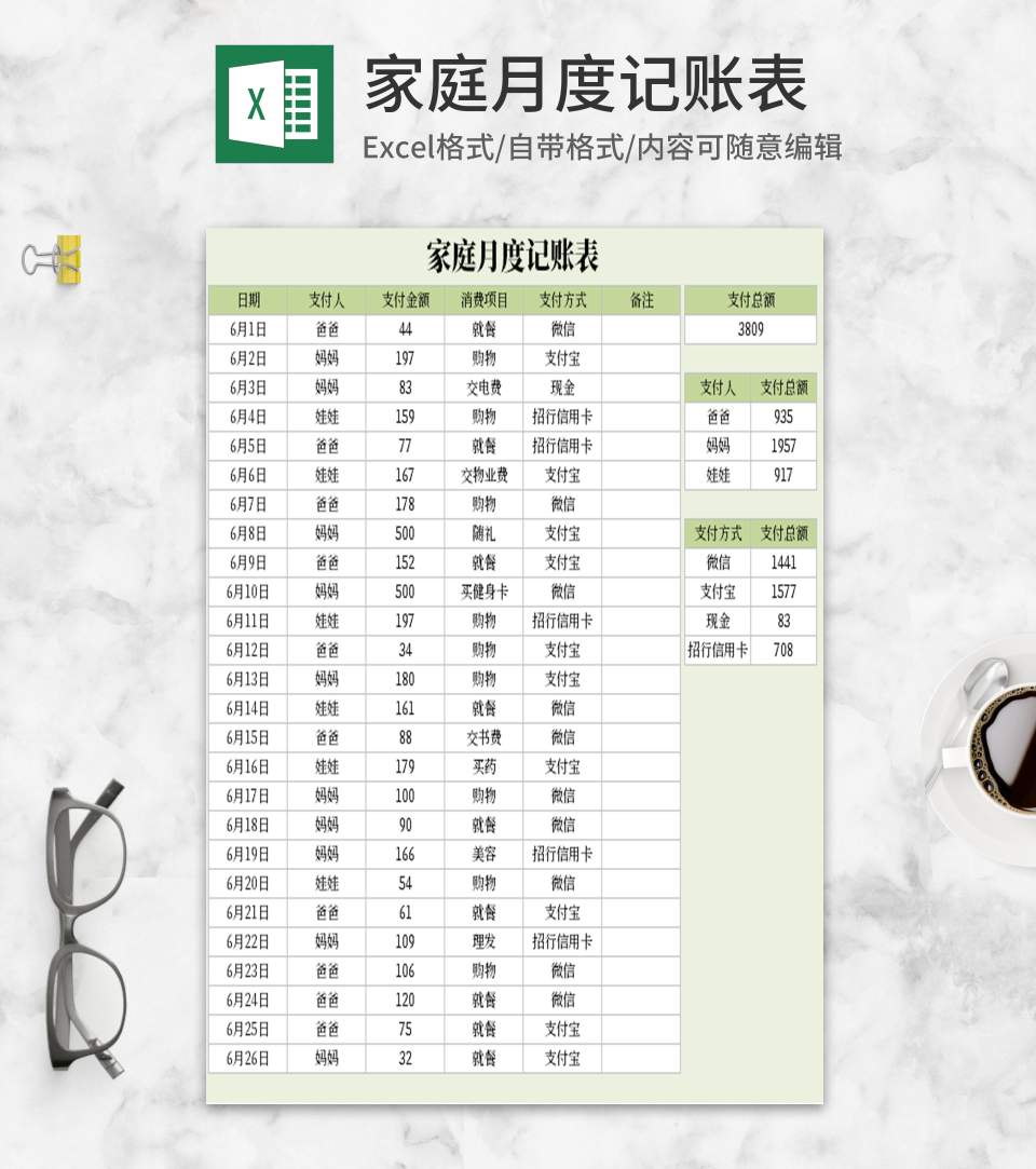 简约绿色家庭月度记账表Excel模板