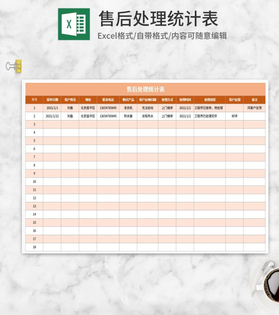 简约橙色售后处理统计表Excel模板