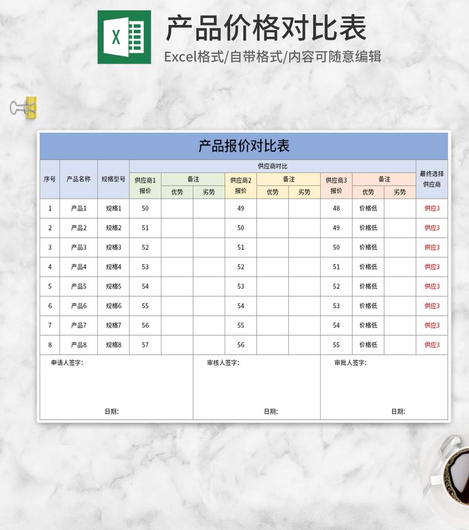 蓝色产品报价对比单Excel模板