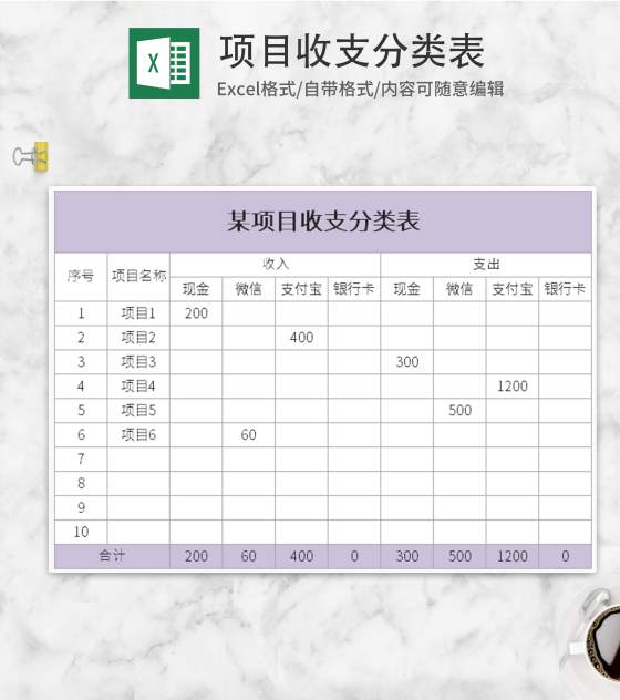紫色项目收支分类表Excel模板