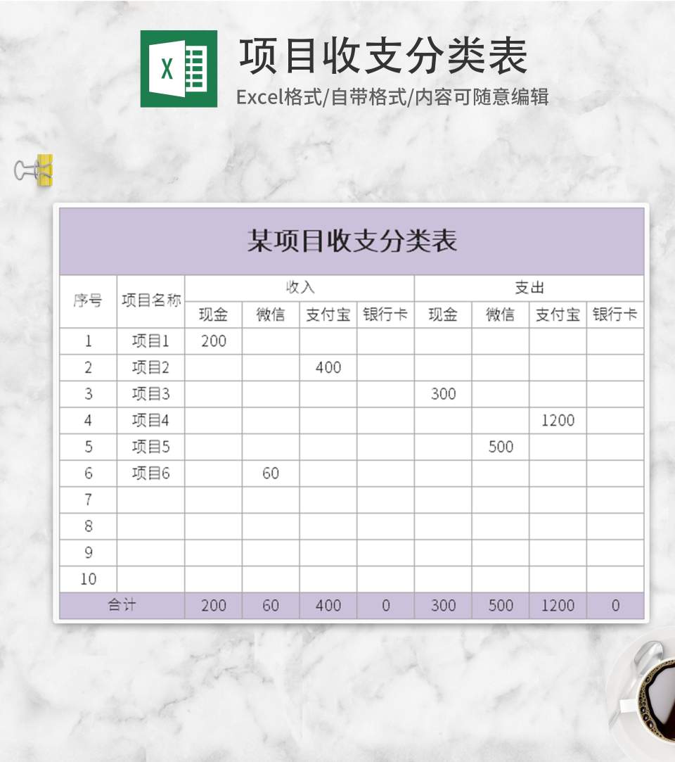 紫色项目收支分类表Excel模板